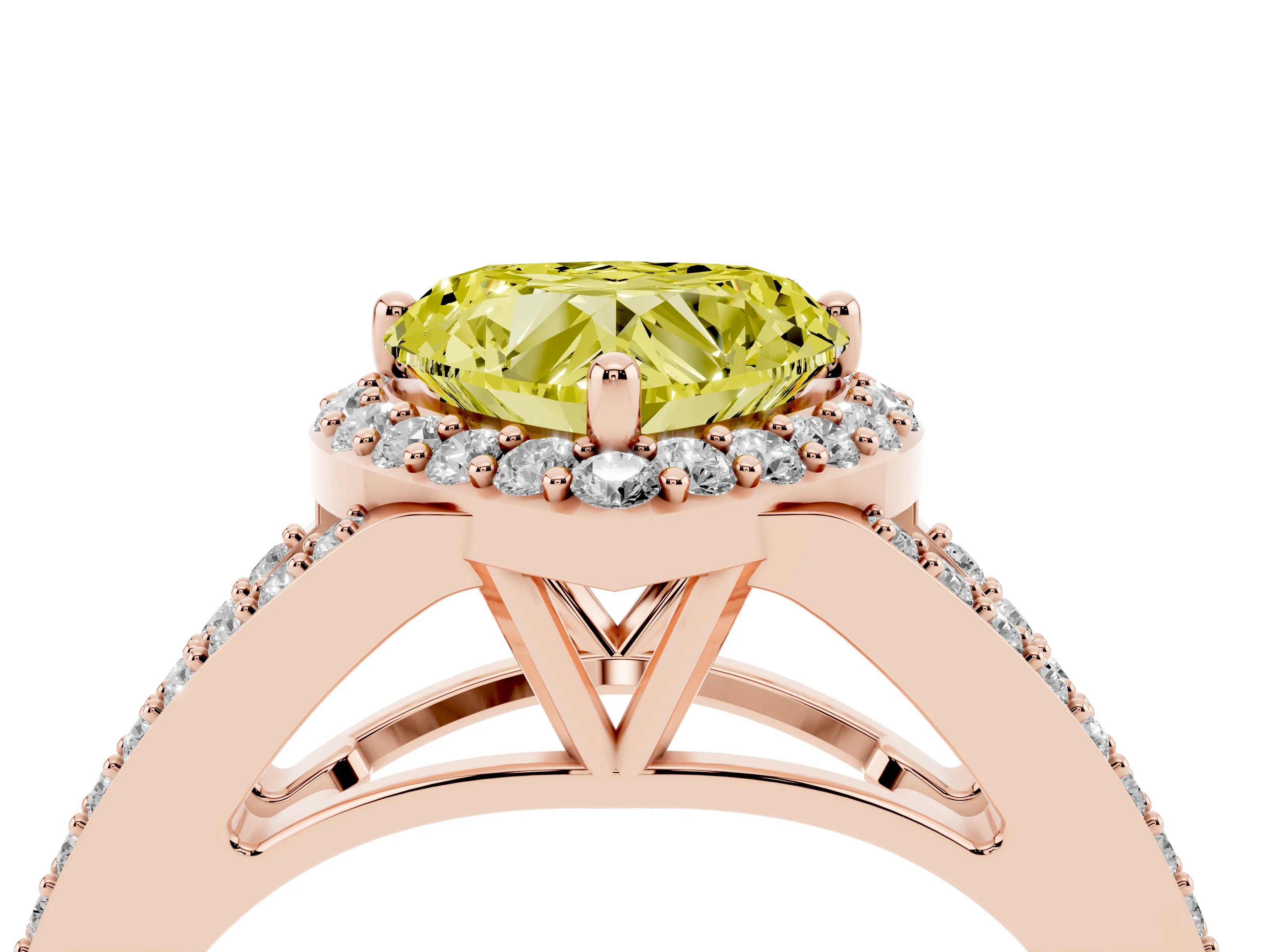 Fancy Yellow Heart Cut Diamond Halo Split Shank Pavé Ring Set in Rose gold with Prong Setting