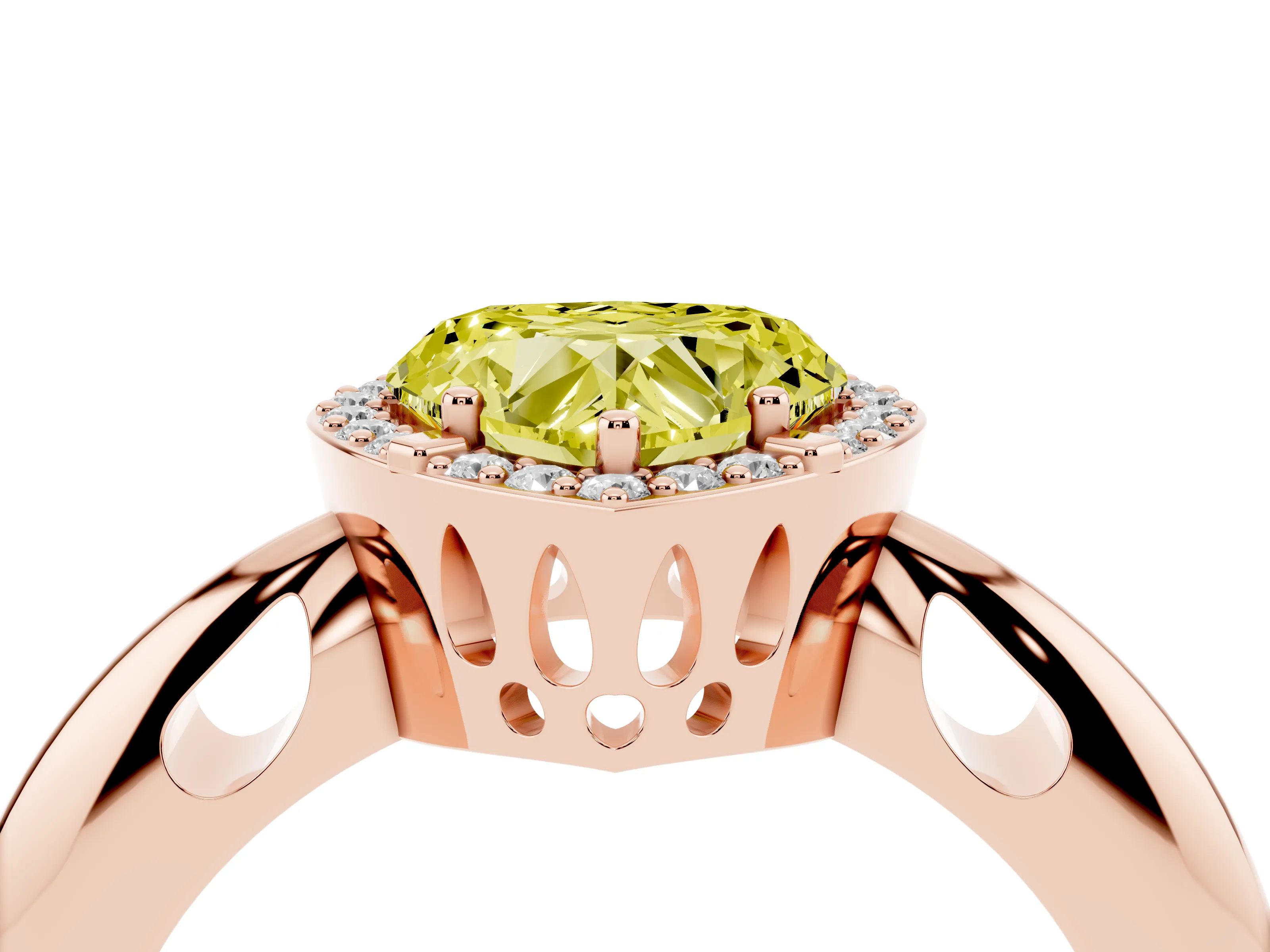 Fancy Yellow Heart Cut Diamond Halo Engagement Ring Set in Rose gold with Plain Split Shank and Prong Setting