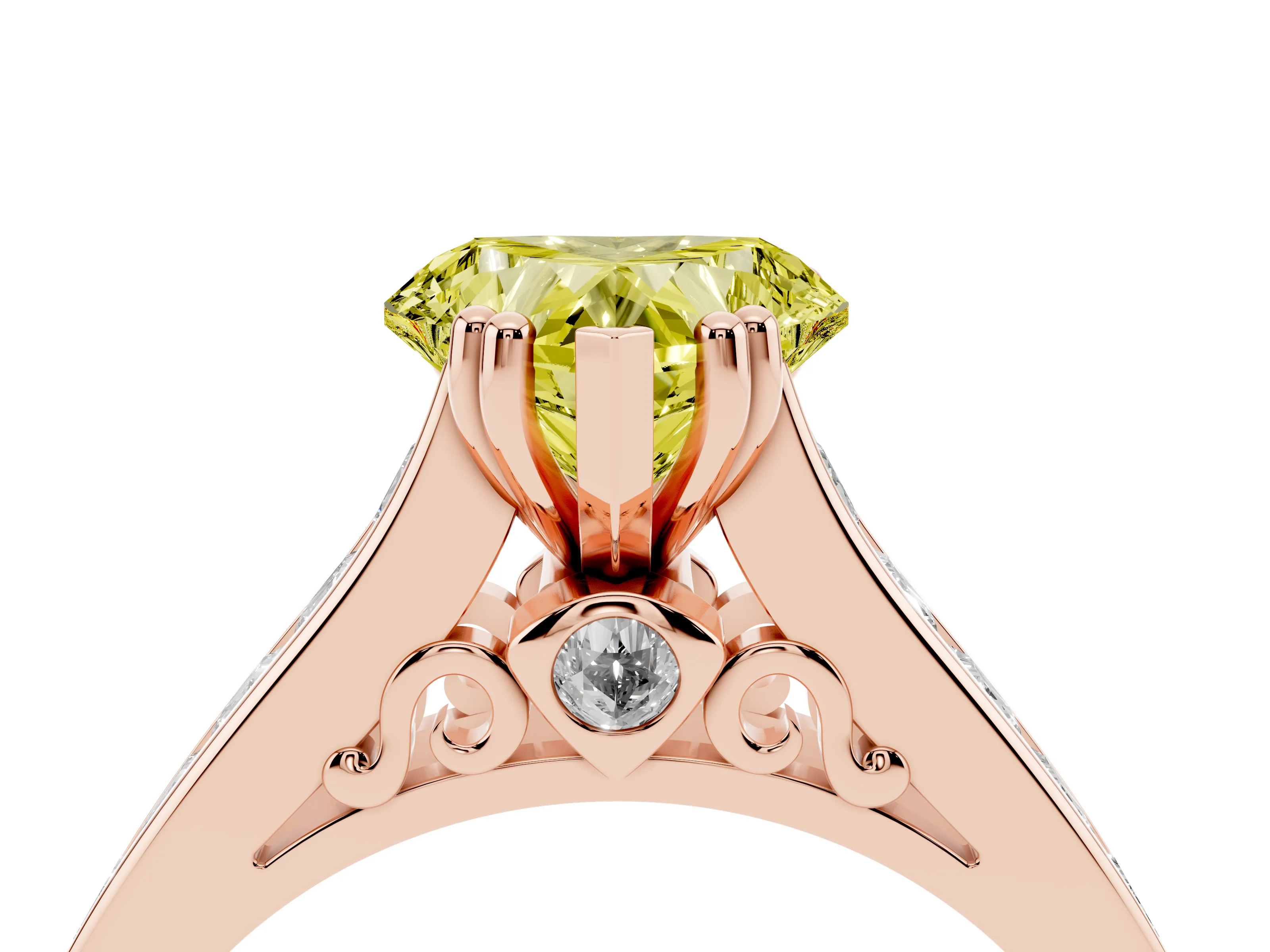 Fancy Yellow Heart Cut Diamond Channel Set Solitaire Engagement Ring Set in Rose gold with Prong Setting