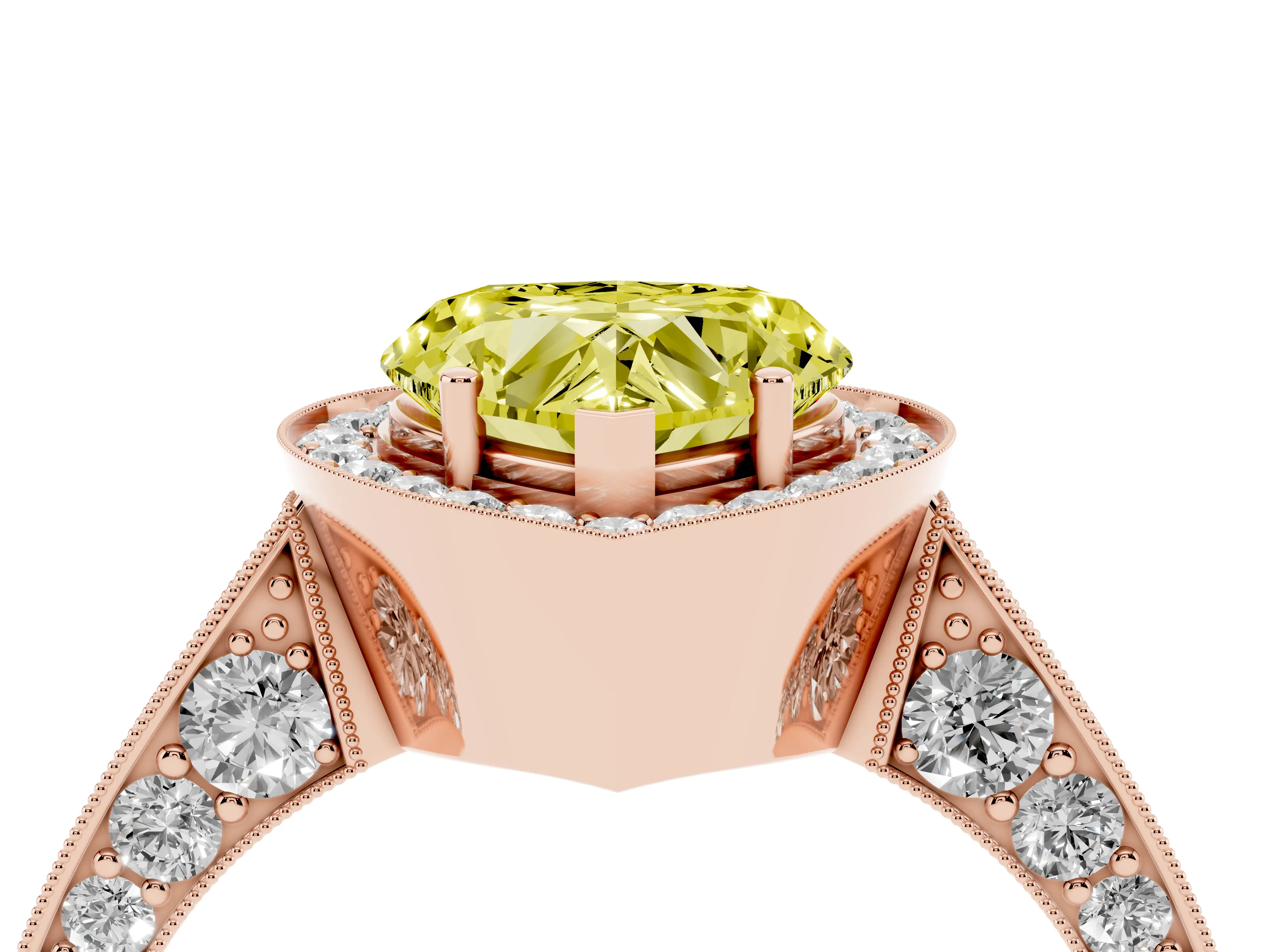 Fancy Yellow Heart Cut Diamond Halo Engagement Ring Set in Rose gold with Accent Split Shank Band