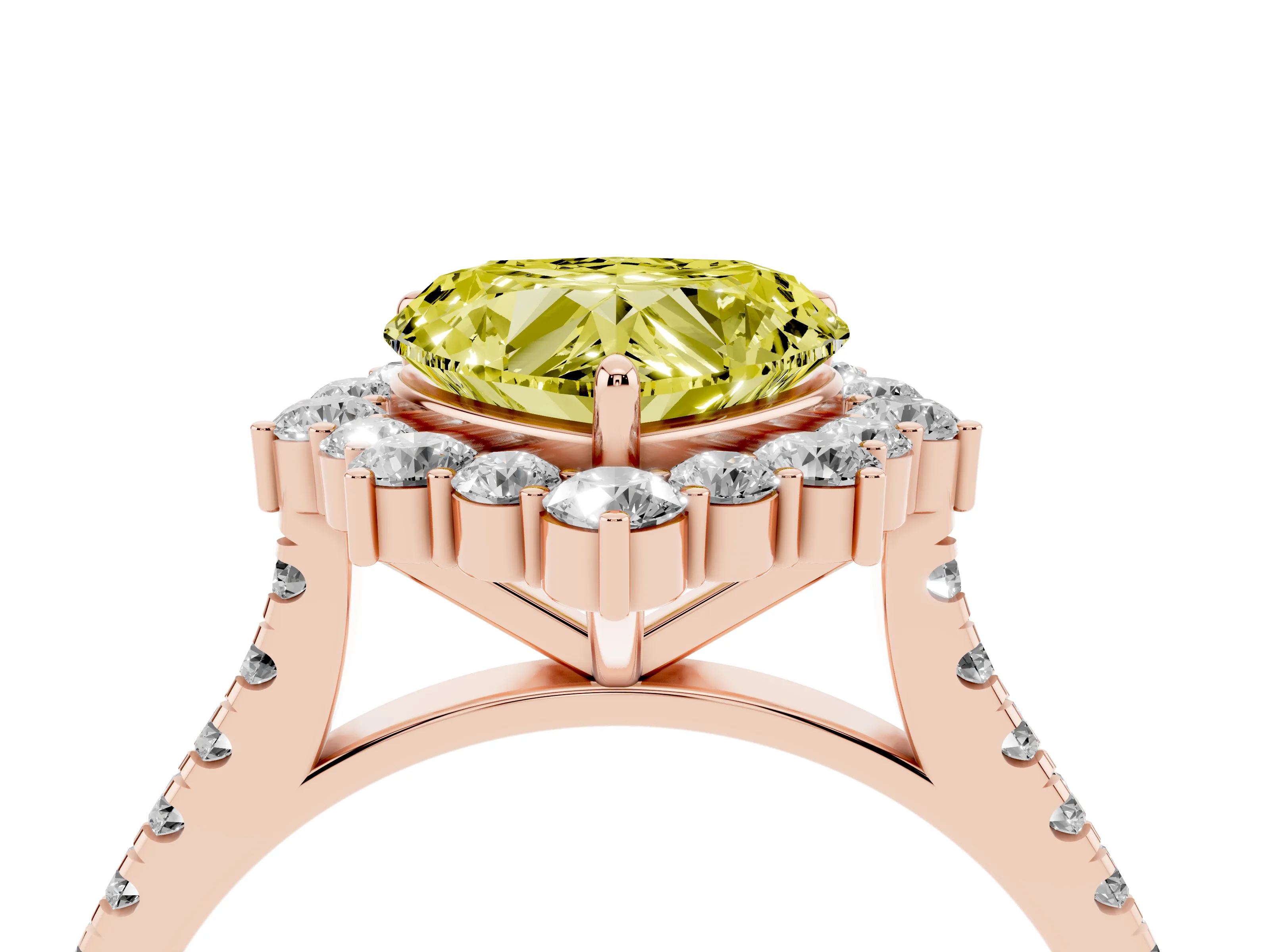 Fancy Yellow Heart Cut Diamond Halo Ring Set in Rose gold with Pavé Band and Prong Setting
