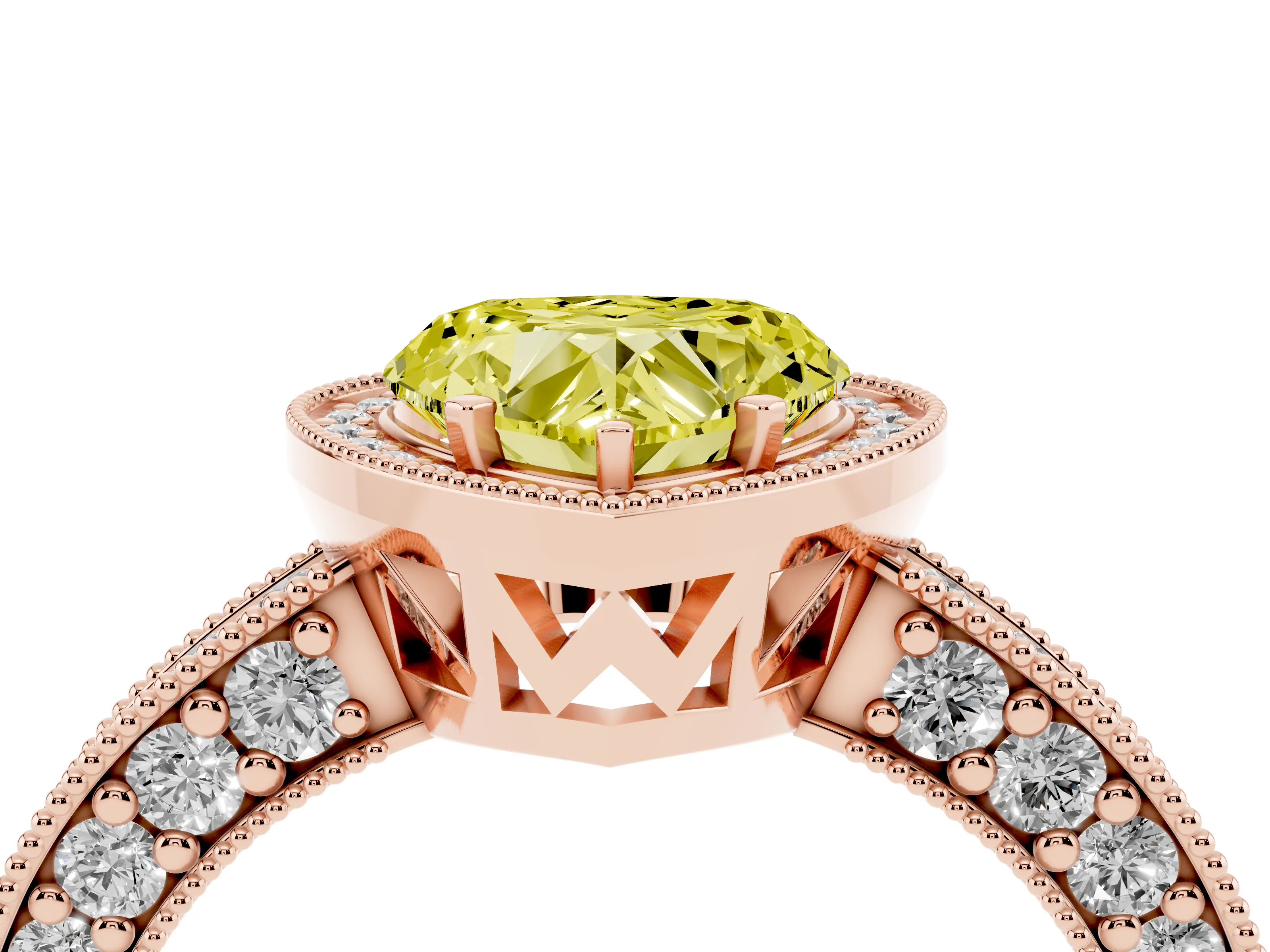 Fancy Yellow Heart Cut Diamond Halo Pavé Band Ring Set in Rose gold with Prong-Set Center
