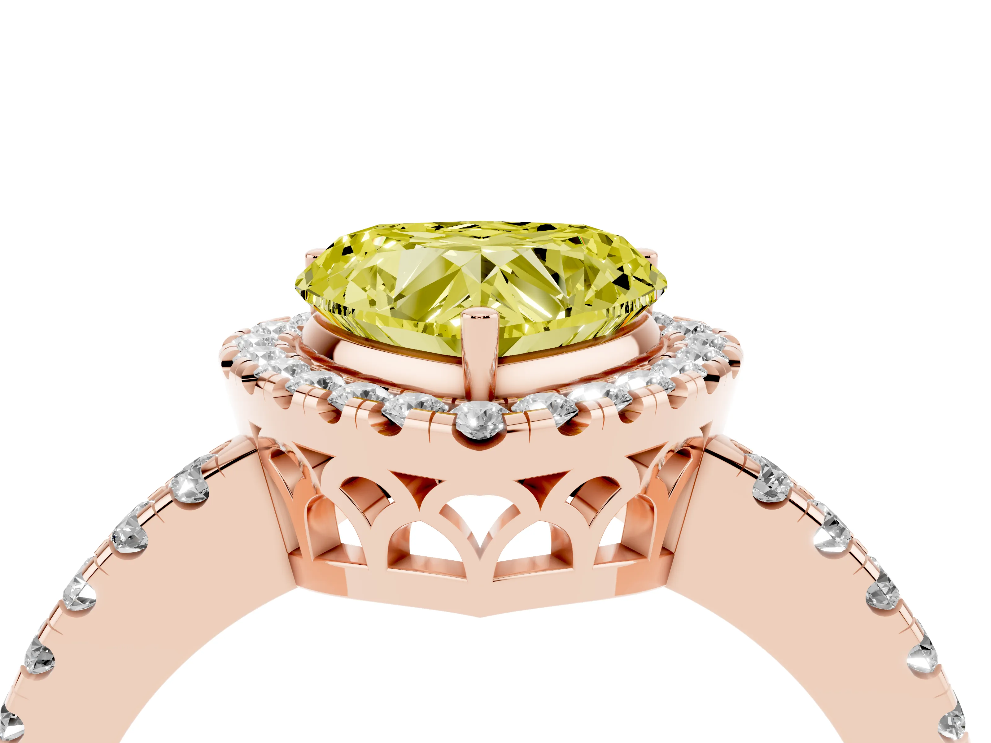 Fancy Yellow Heart Cut Diamond Pavé Band Halo Engagement Ring Set in Rose gold with Prong Setting