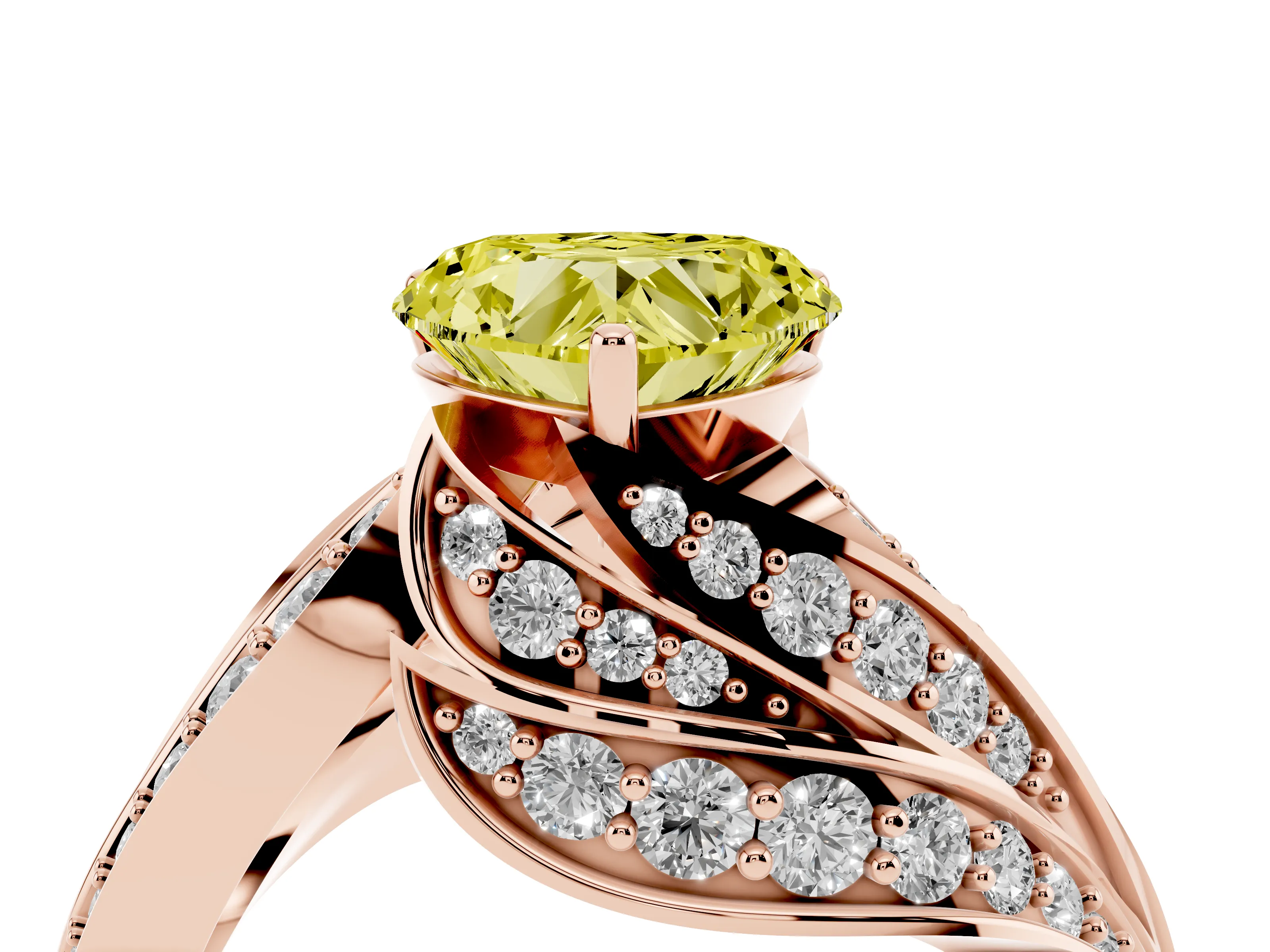 Fancy Yellow Heart Cut Diamond Solitaire Ring Set in Rose gold with Layered Twist Pavé Band