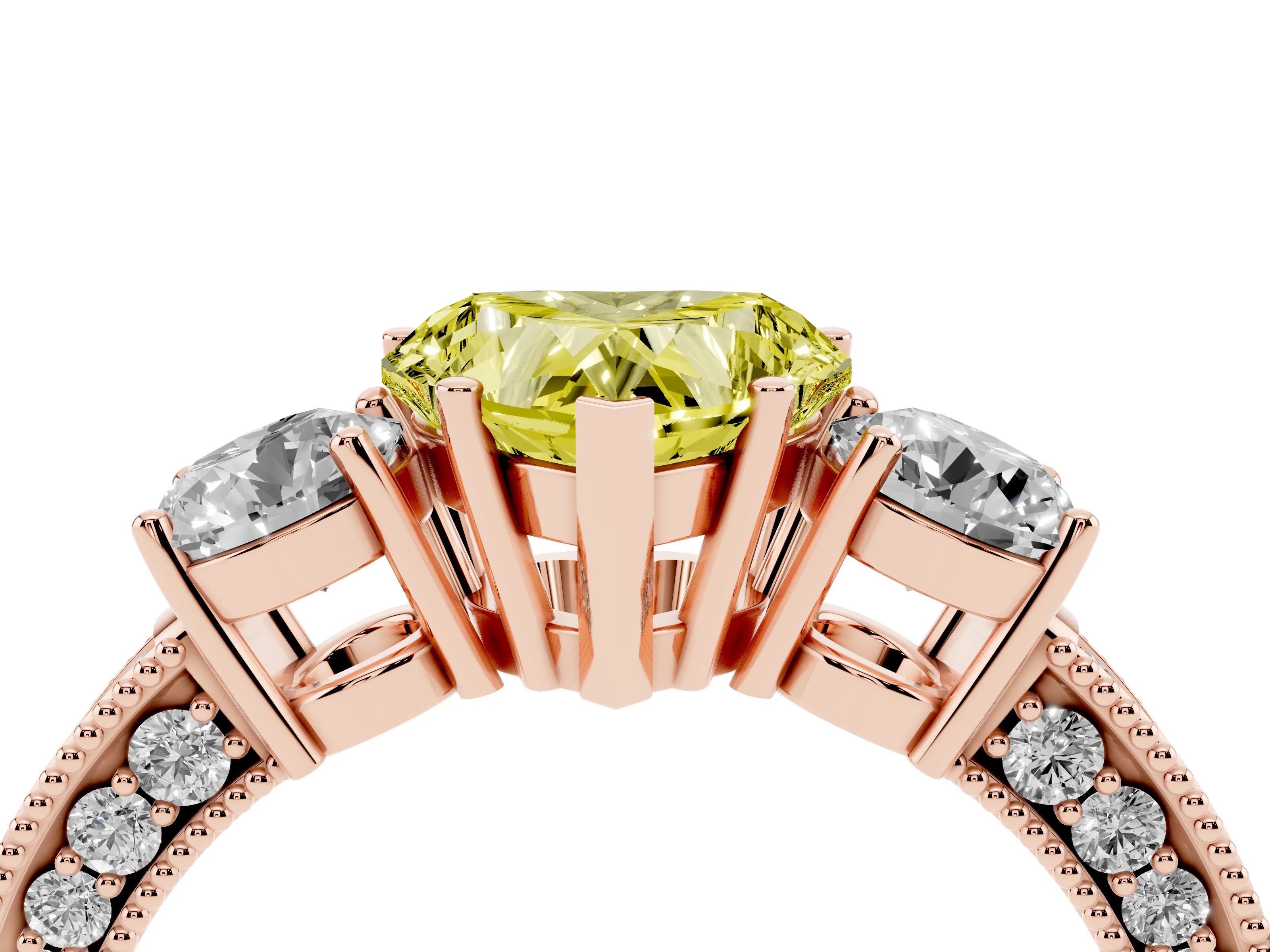 Fancy Yellow Heart Cut Diamond Three-Stone Ring Set in Rose gold with Round Side Stones and Pavé Band