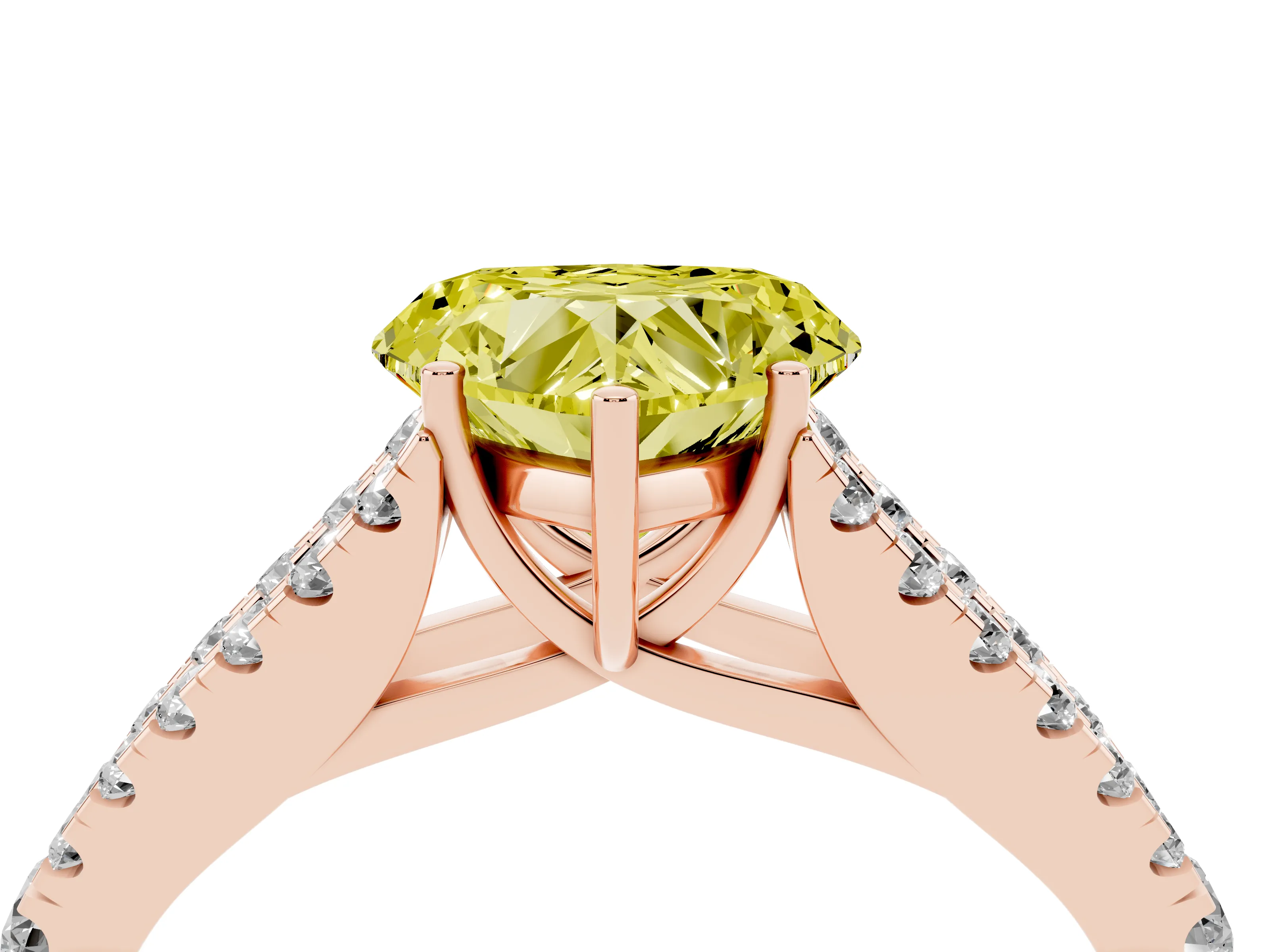 Fancy Yellow Heart Cut Diamond Split Shank Pavé Engagement Ring Set in Rose gold with Prong-Held Center Stone