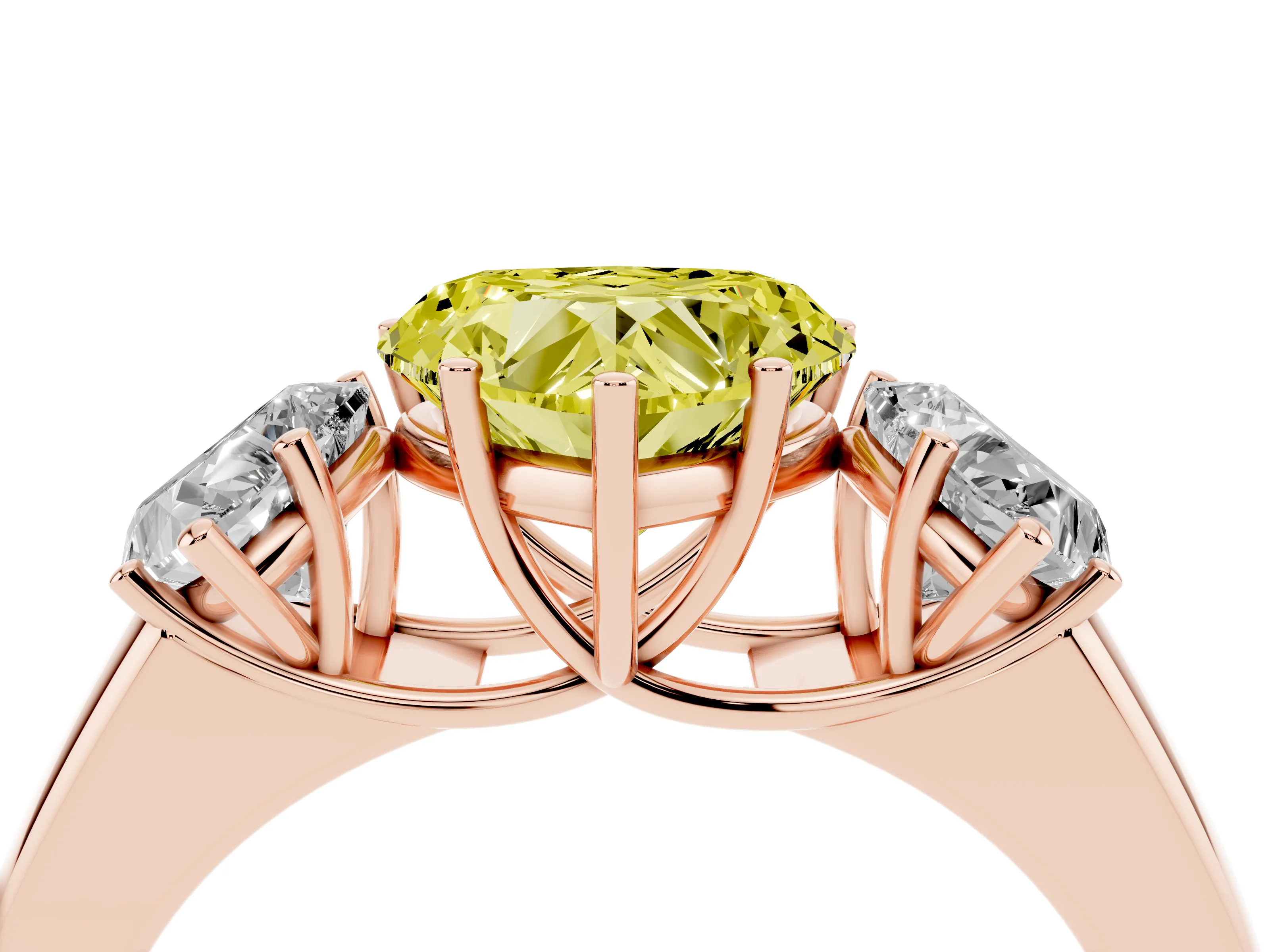 Fancy Yellow Three-Stone Heart Cut Diamond Ring Set in Rose gold with Matching Prong Settings and Plain Band