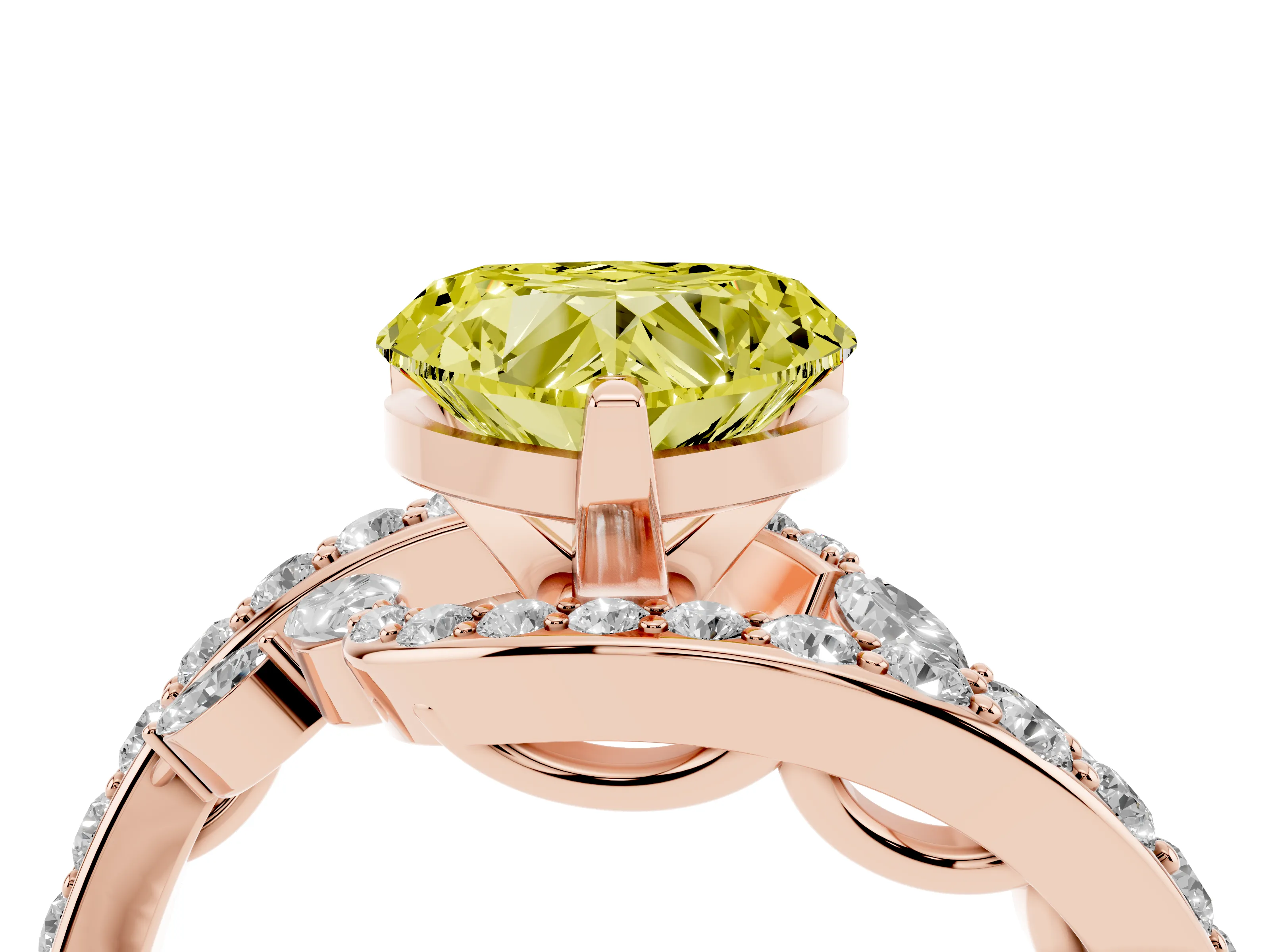 Fancy Yellow Heart Cut Diamond Solitaire Ring Set in Rose gold with Pavé Twist Band and Secure Prong Setting