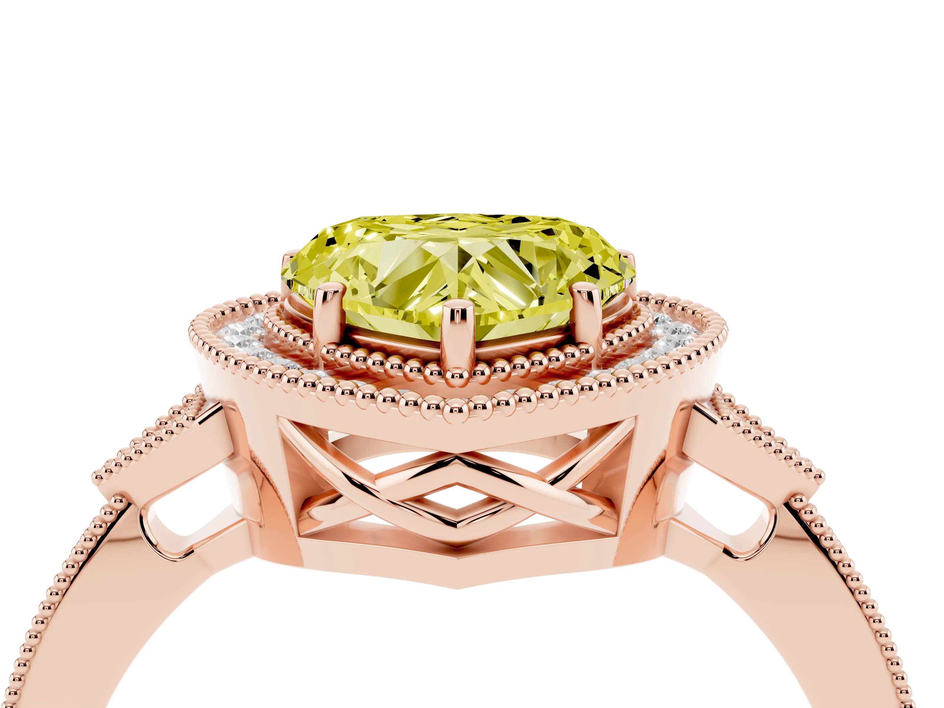 Fancy Yellow Heart Cut Diamond Halo Engagement Ring Set in Rose gold with Milgrain Pavé Band