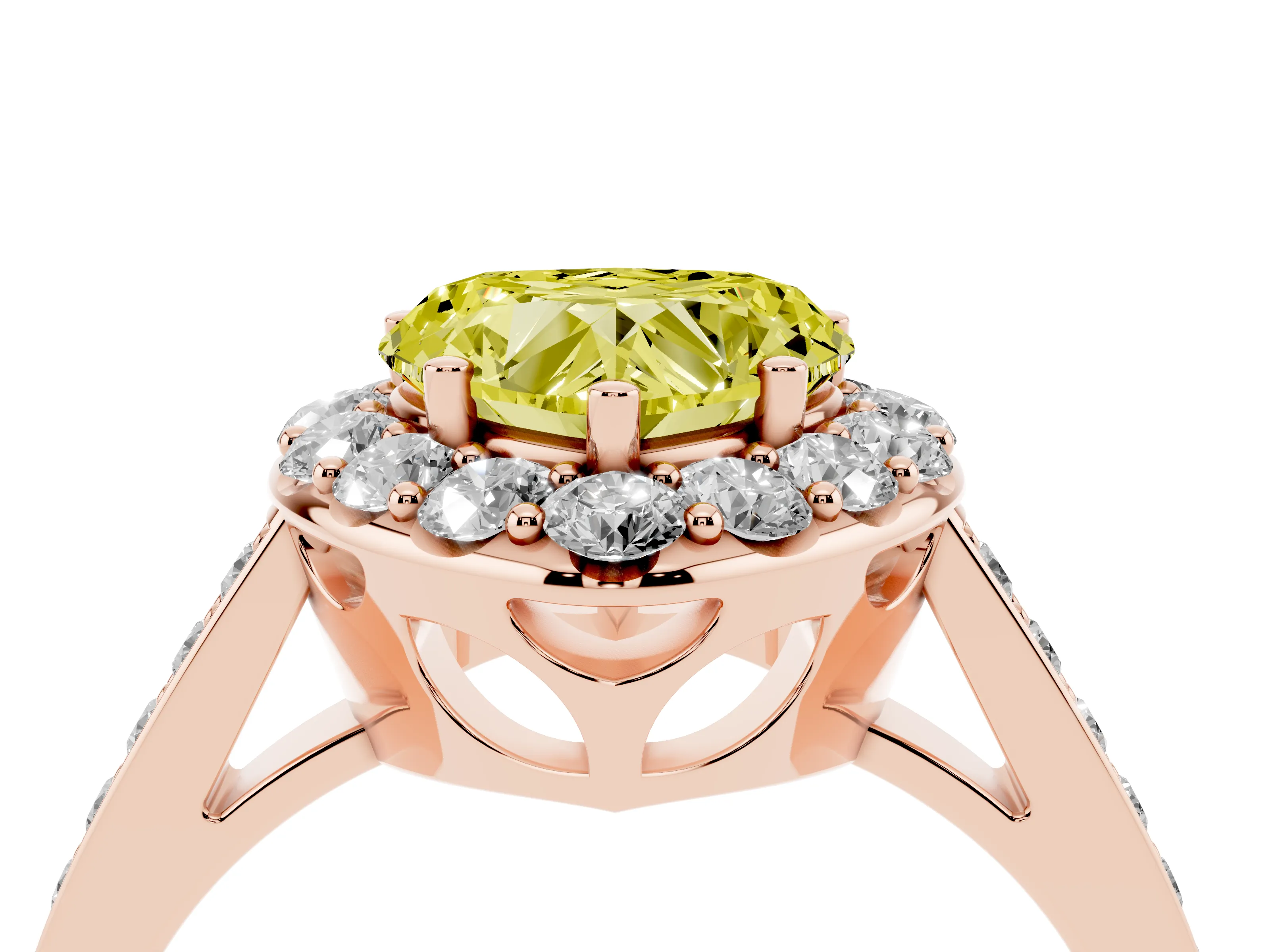 Fancy Yellow Heart Cut Diamond Floral Halo Ring Set in Rose gold with Pavé Band and Prong Setting