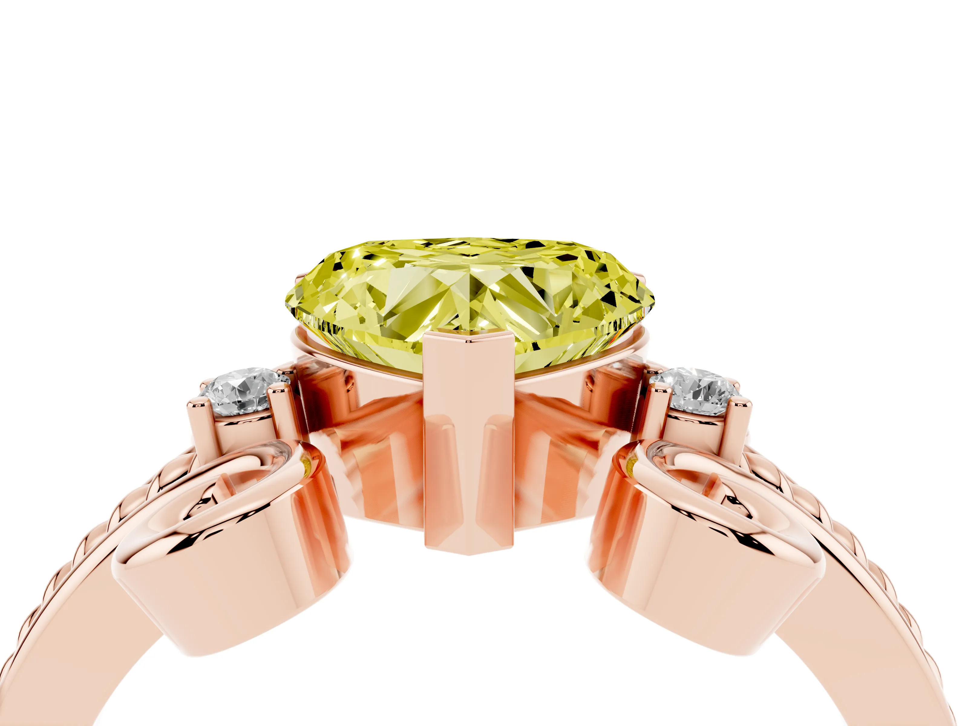 Fancy Yellow Heart Cut Diamond Twisted Band Solitaire Ring Set in Rose gold with Scroll Prongs