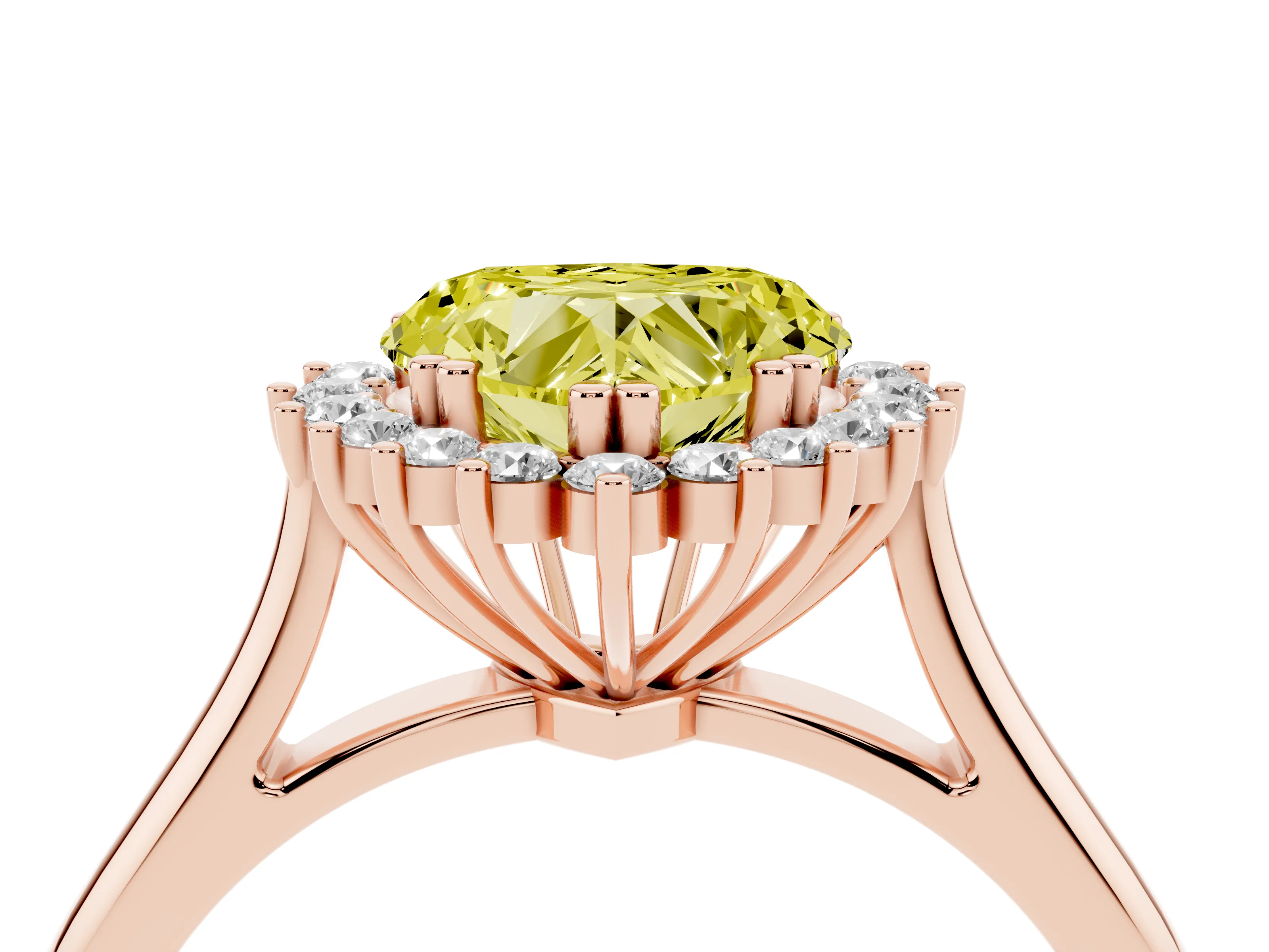 Fancy Yellow Heart Cut Diamond Halo Ring Set in Rose gold with Plain Solitaire Band and Prong Setting