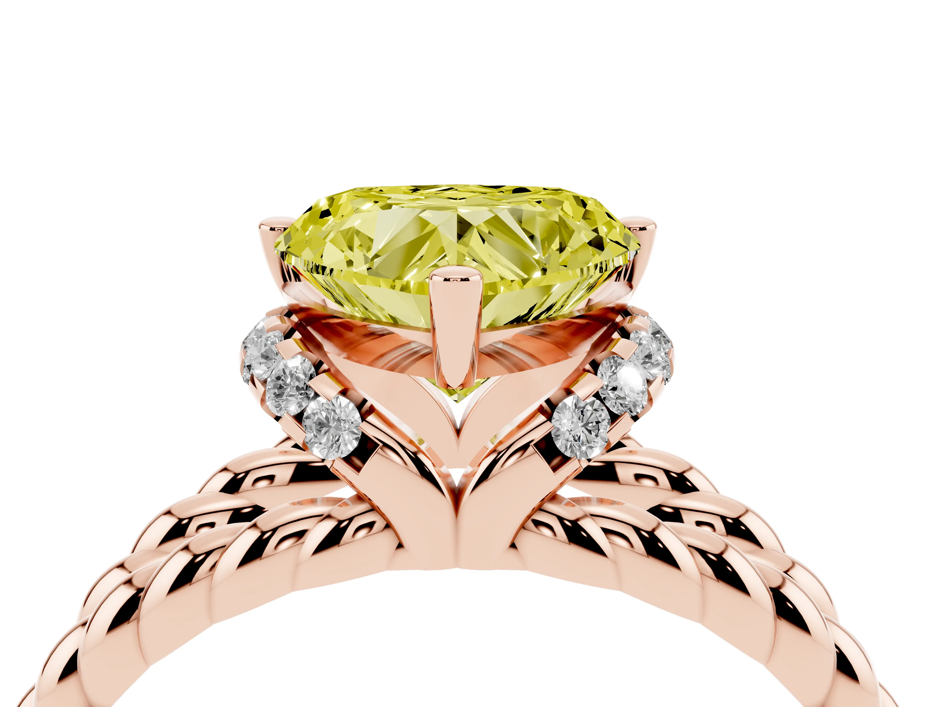 Fancy Yellow Heart Cut Diamond Halo Ring Set in Rose gold with Twisted Band and Prong Setting