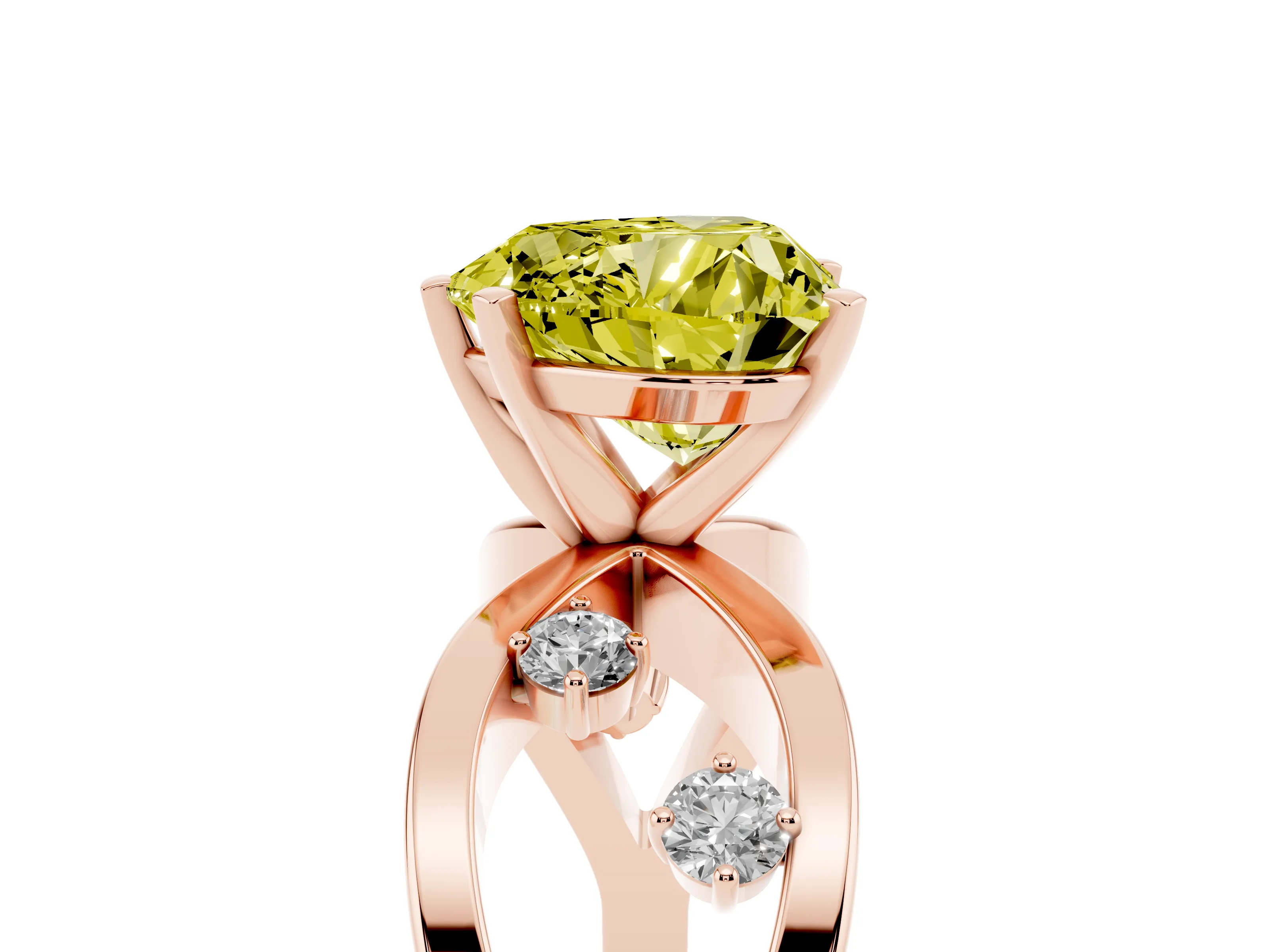 Fancy Yellow Heart Cut Diamond Solitaire Ring Set in Rose gold with Side Stones on Criss-Cross Band and Prong Setting