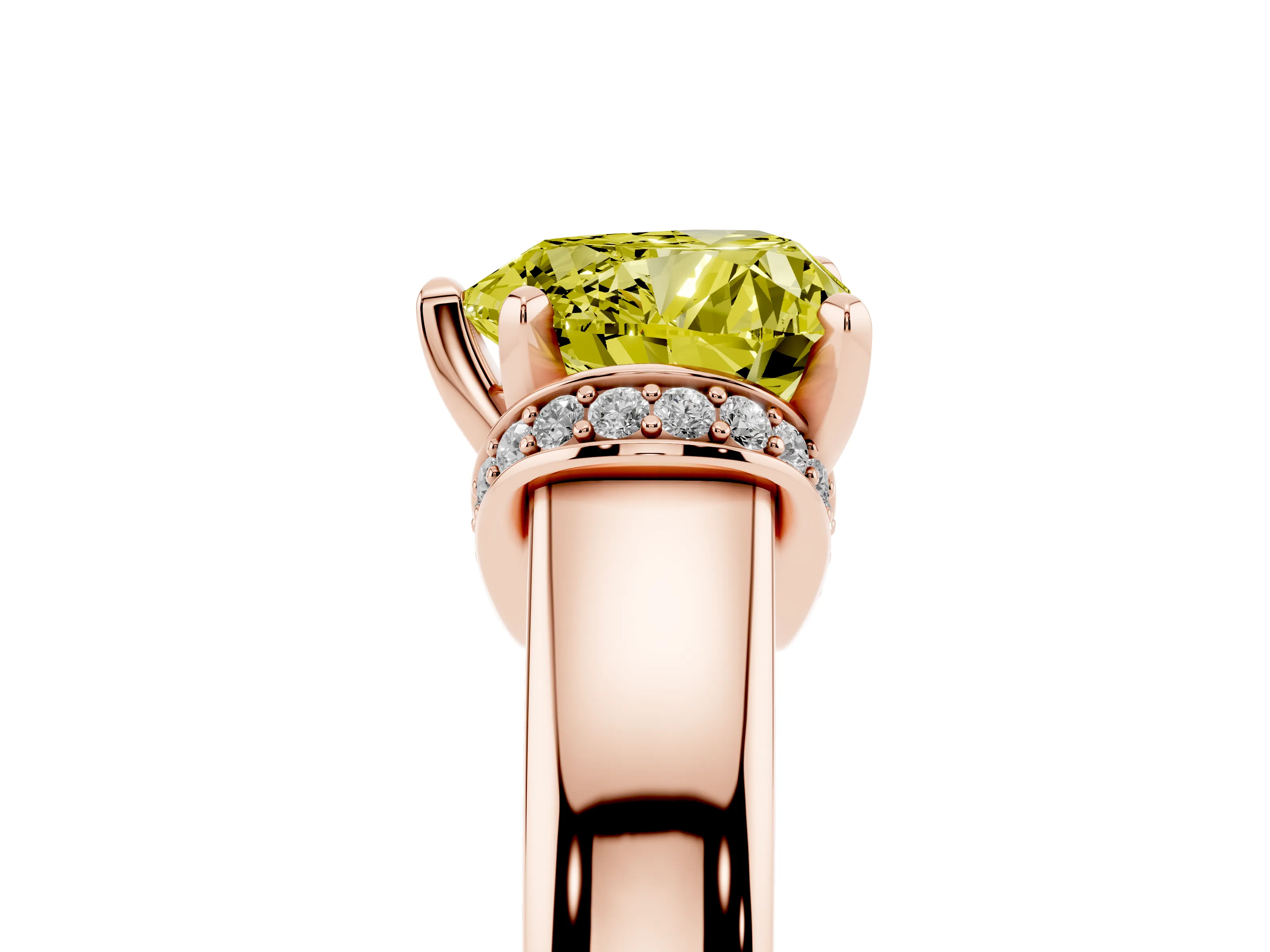 Fancy Yellow Heart Cut Diamond Pavé Band Solitaire Ring Set in Rose gold with Prong Setting