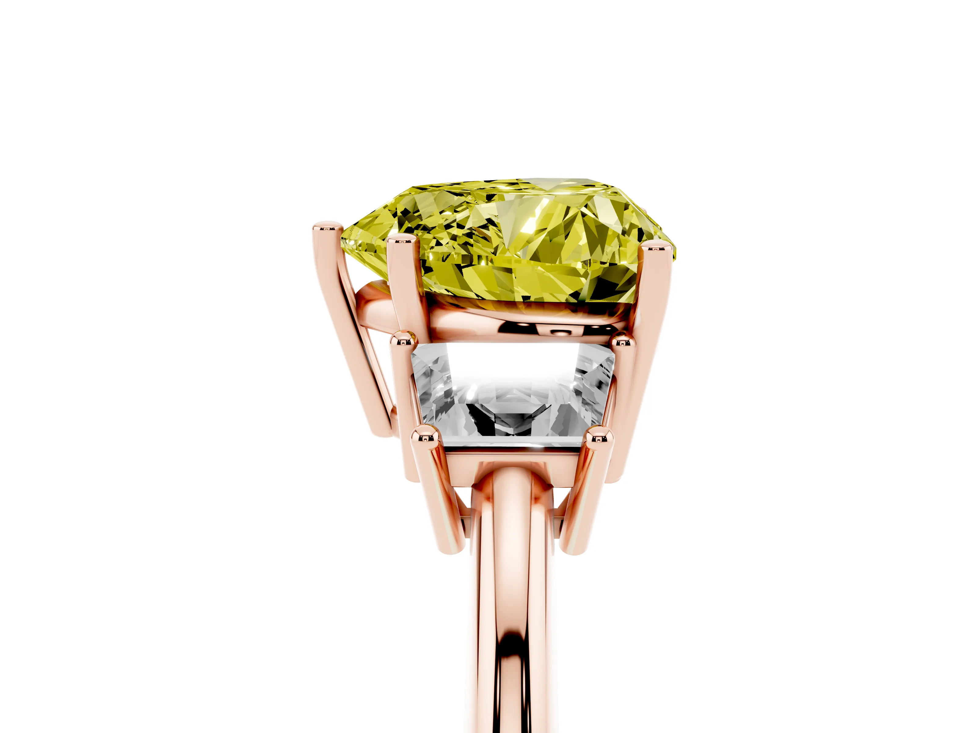 Fancy Yellow Heart Cut Diamond Three-Stone Ring Set in Rose gold with Trapezoid Side Stones and Prong Setting