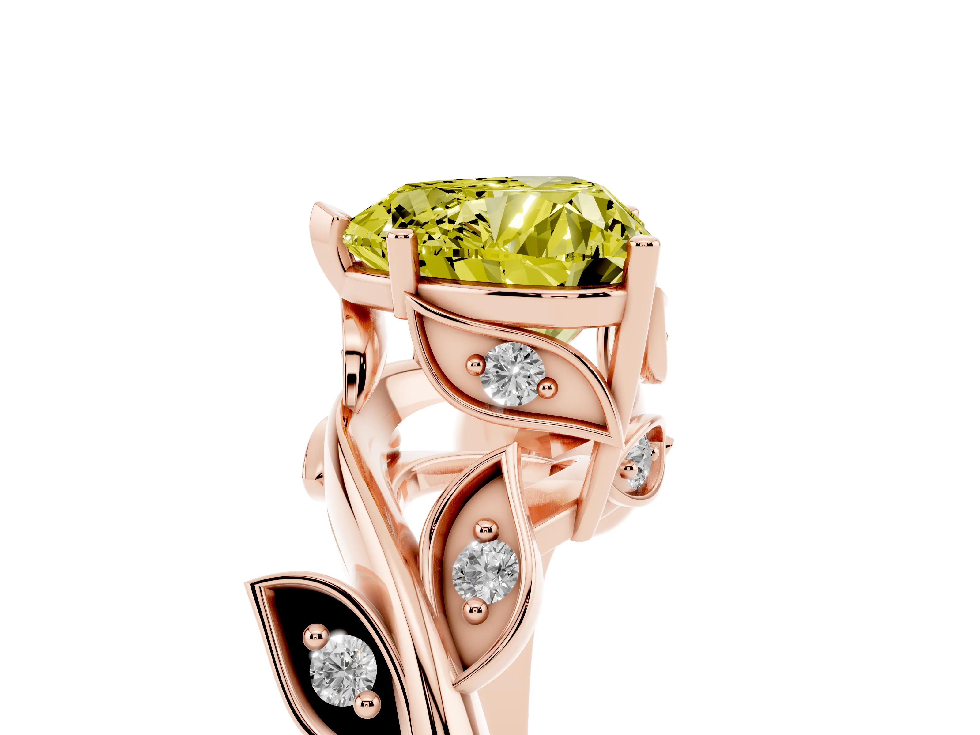 Fancy Yellow Heart Cut Diamond Solitaire Twist Engagement Ring Set in Rose gold with Pavé Leaf Accents