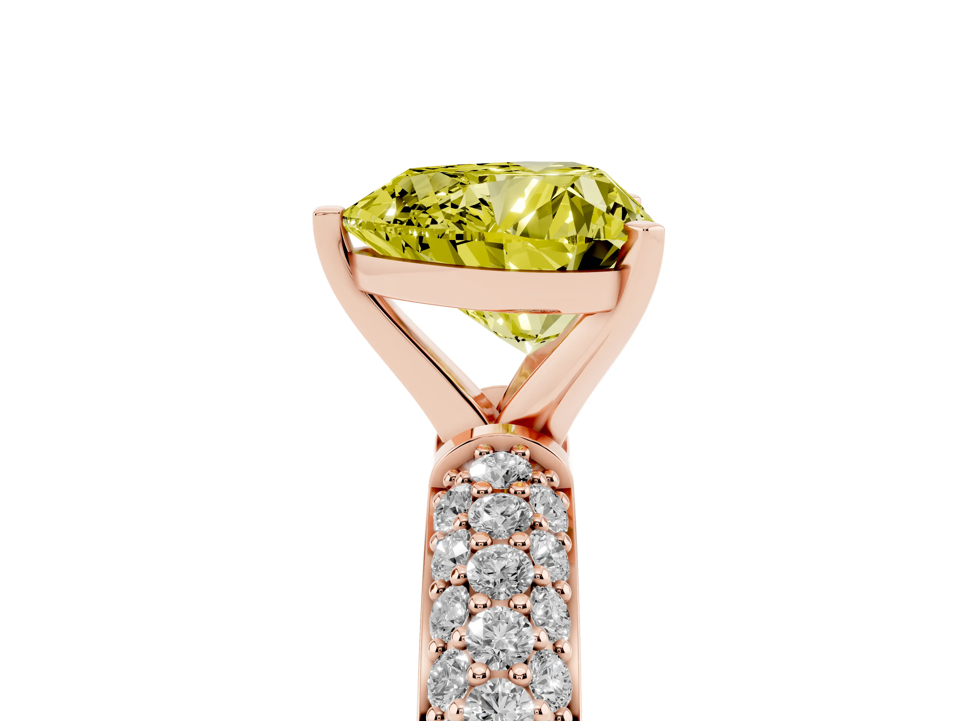 Fancy Yellow Heart Cut Diamond Solitaire Ring Set in Rose gold with Prong Setting and Pavé-Set Band