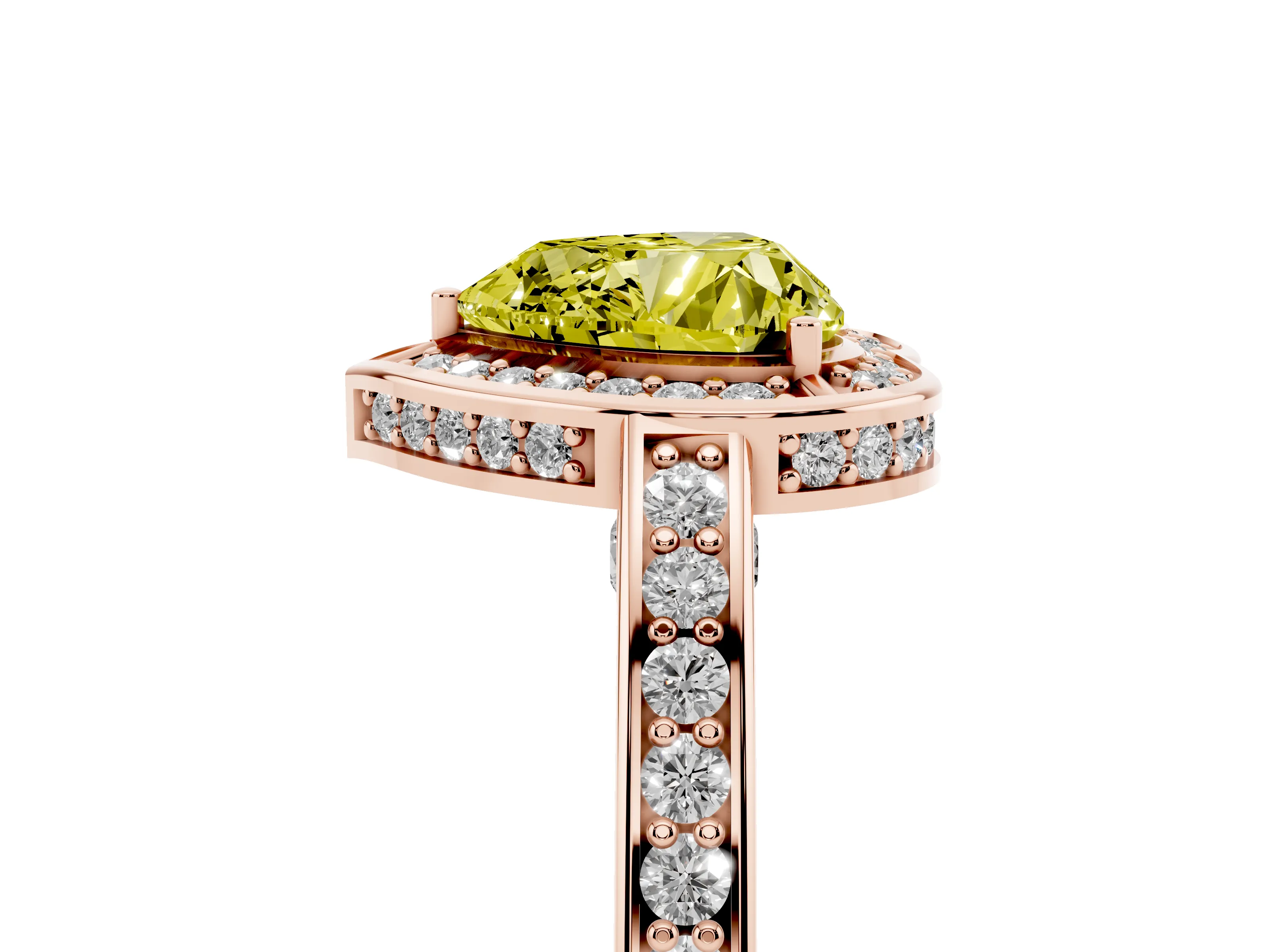 Fancy Yellow Heart Cut Diamond Halo Pavé Split Shank Ring Set in Rose gold with Prong Setting