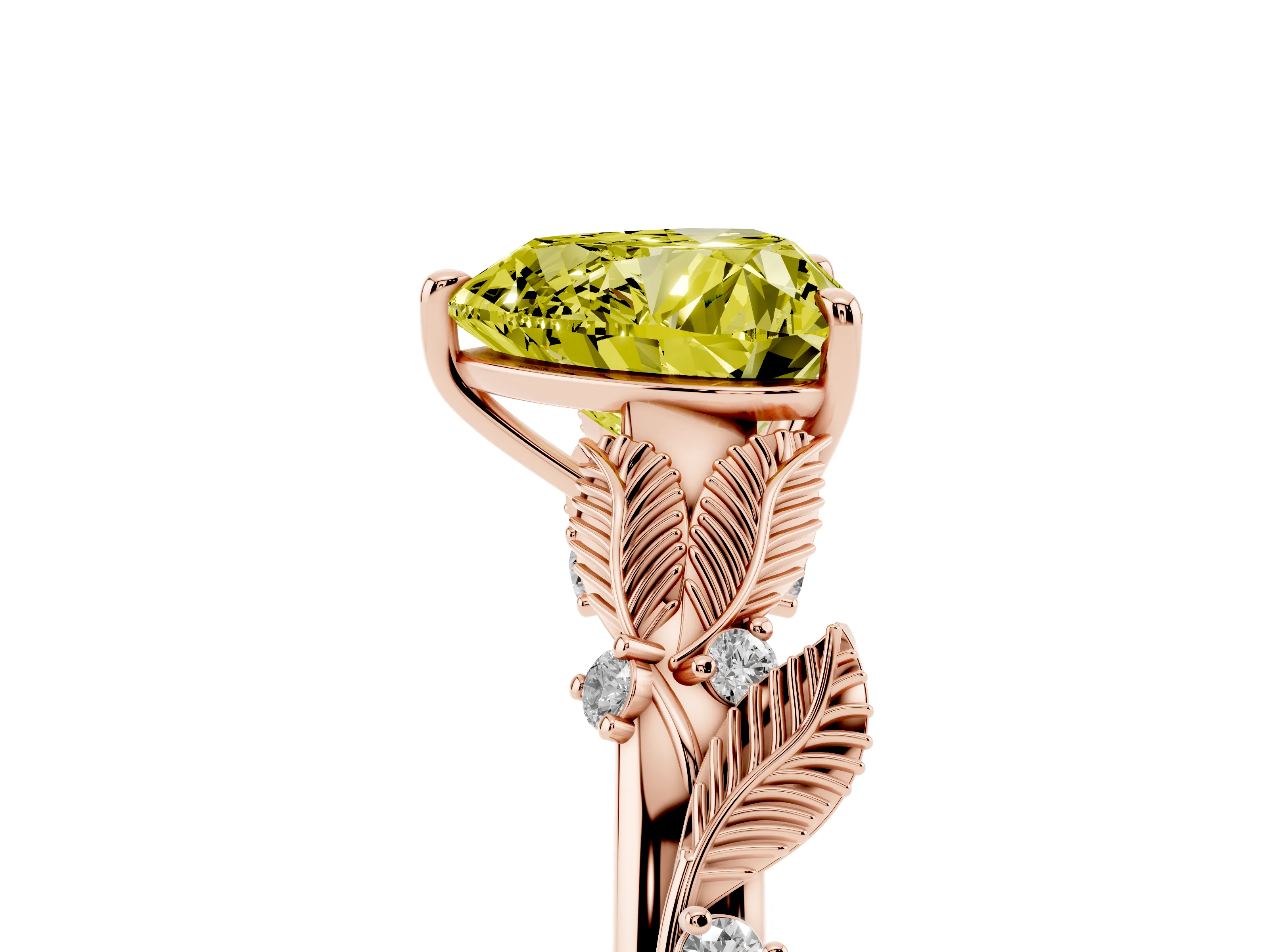 Fancy Yellow Heart Cut Diamond Solitaire Ring Set in Rose gold with Leaf Motif Band