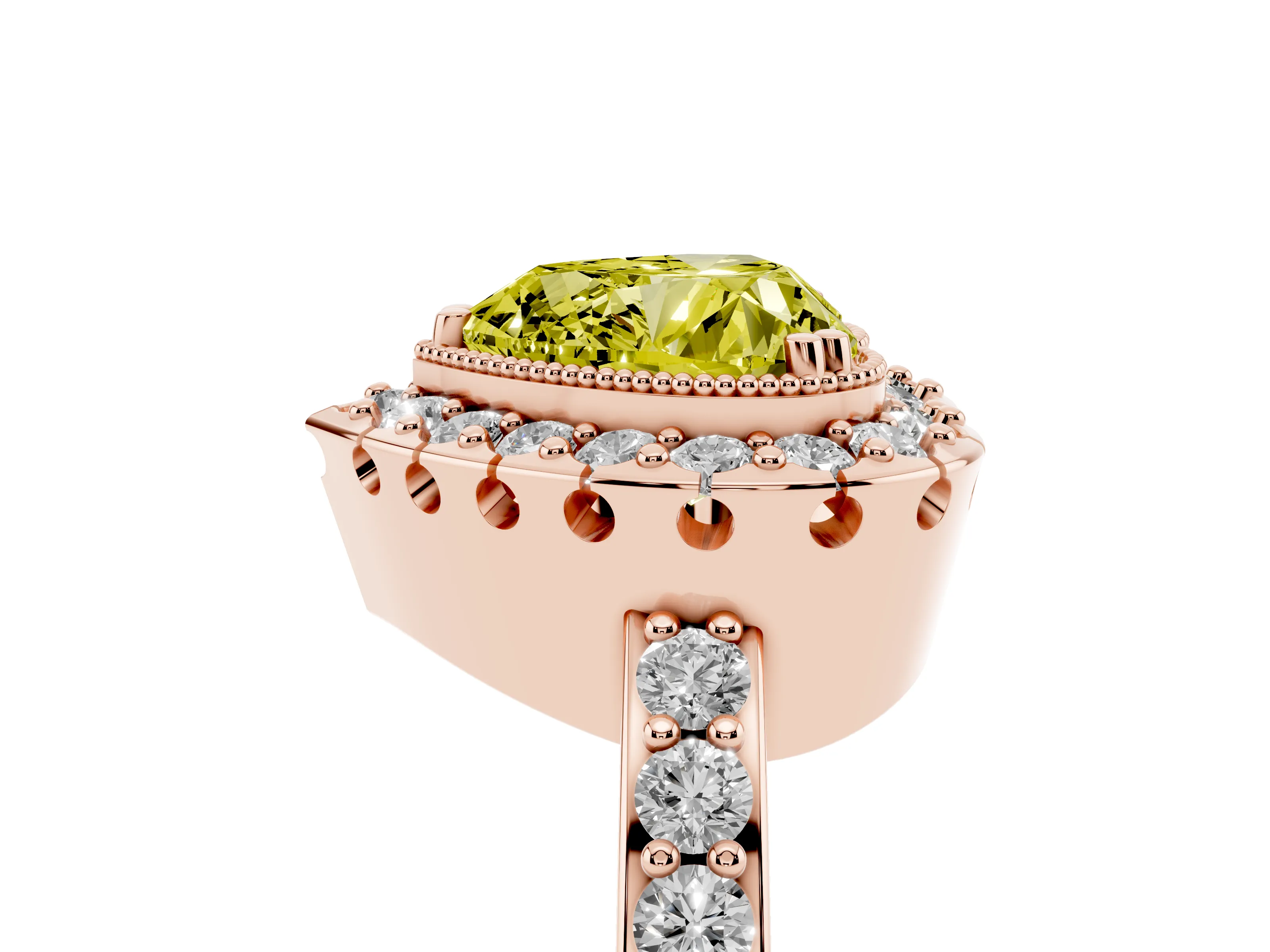 Fancy Yellow Heart Cut Diamond Halo Ring Set in Rose gold with Pavé Shank and Prong Setting
