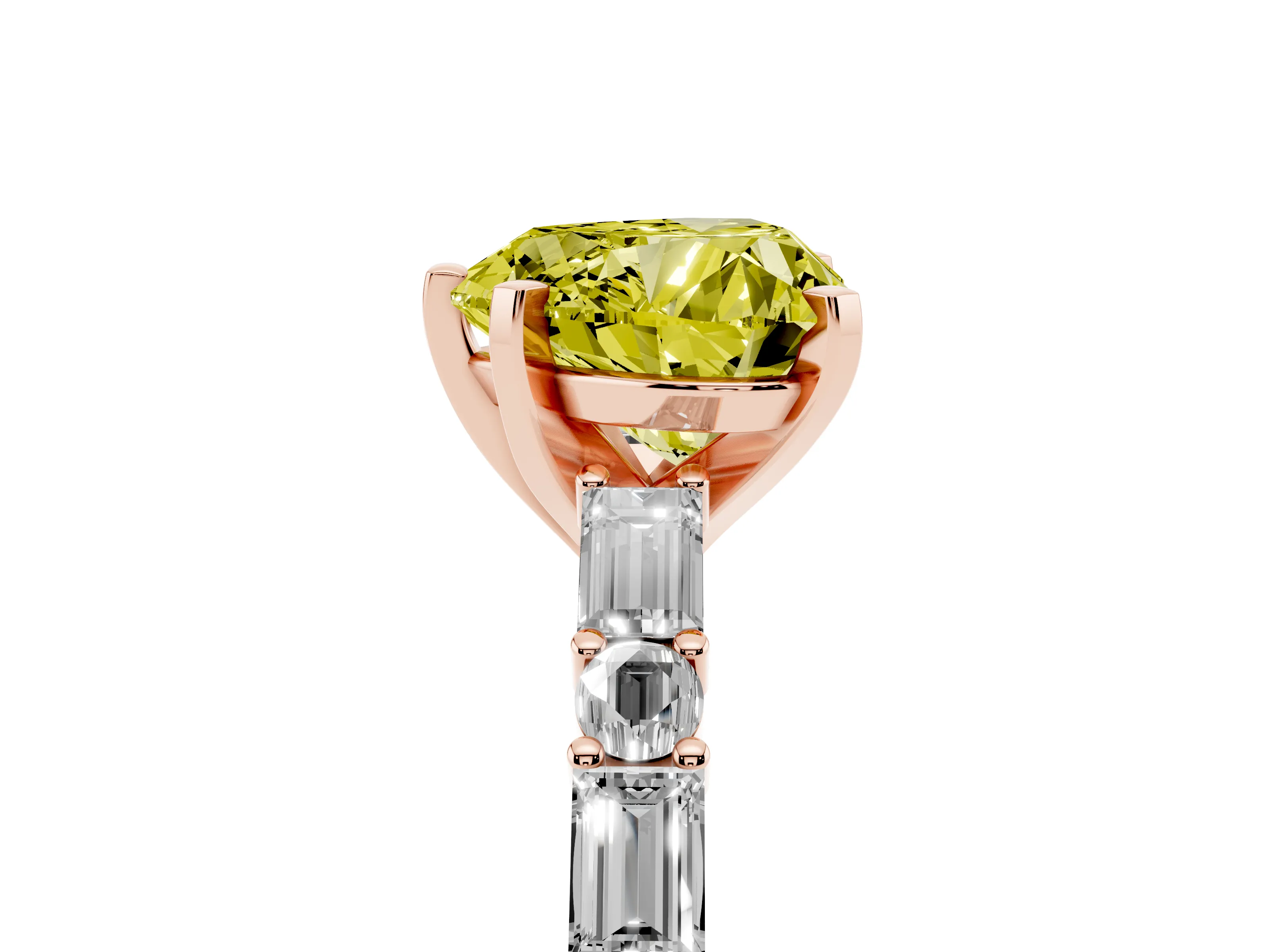 Fancy Yellow Heart Cut Diamond Solitaire Set in Rose gold with Side Baguettes and Channel Set Band