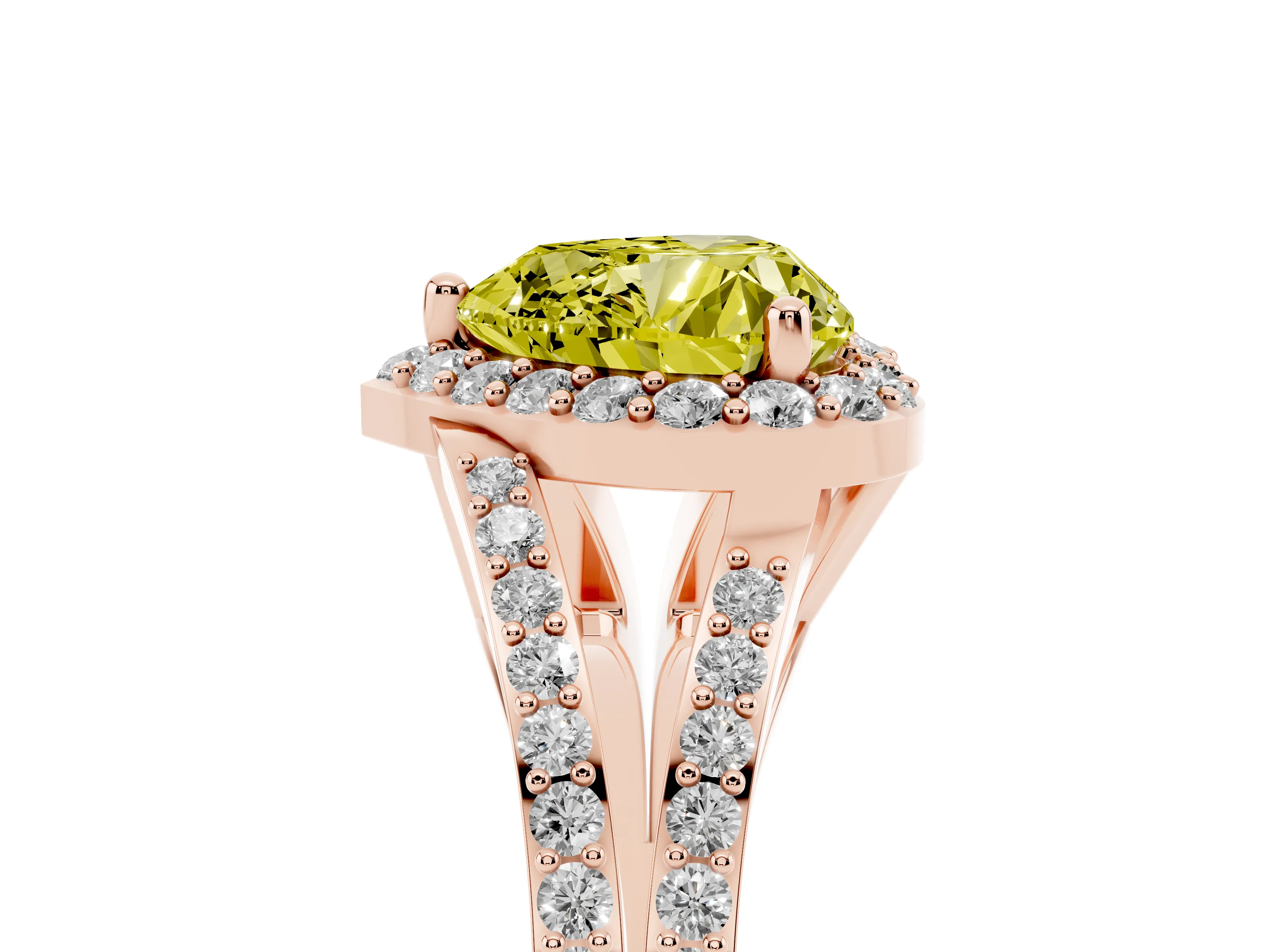 Fancy Yellow Heart Cut Diamond Halo Split Shank Pavé Ring Set in Rose gold with Prong Setting