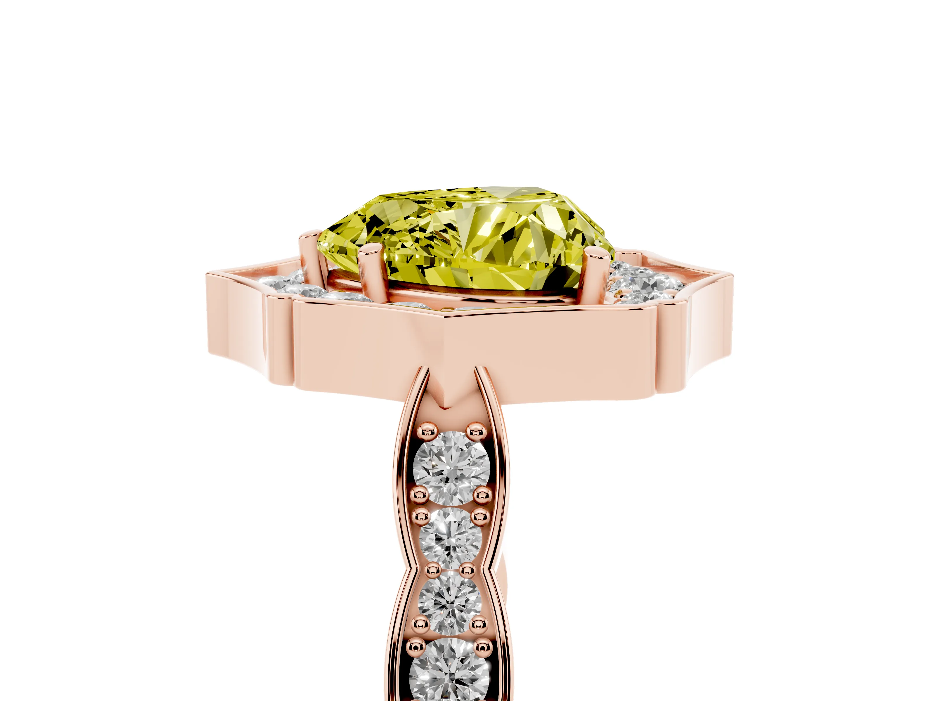 Fancy Yellow Heart Cut Diamond Halo Engagement Ring Set in Rose gold with Milgrain Band and Prong Setting