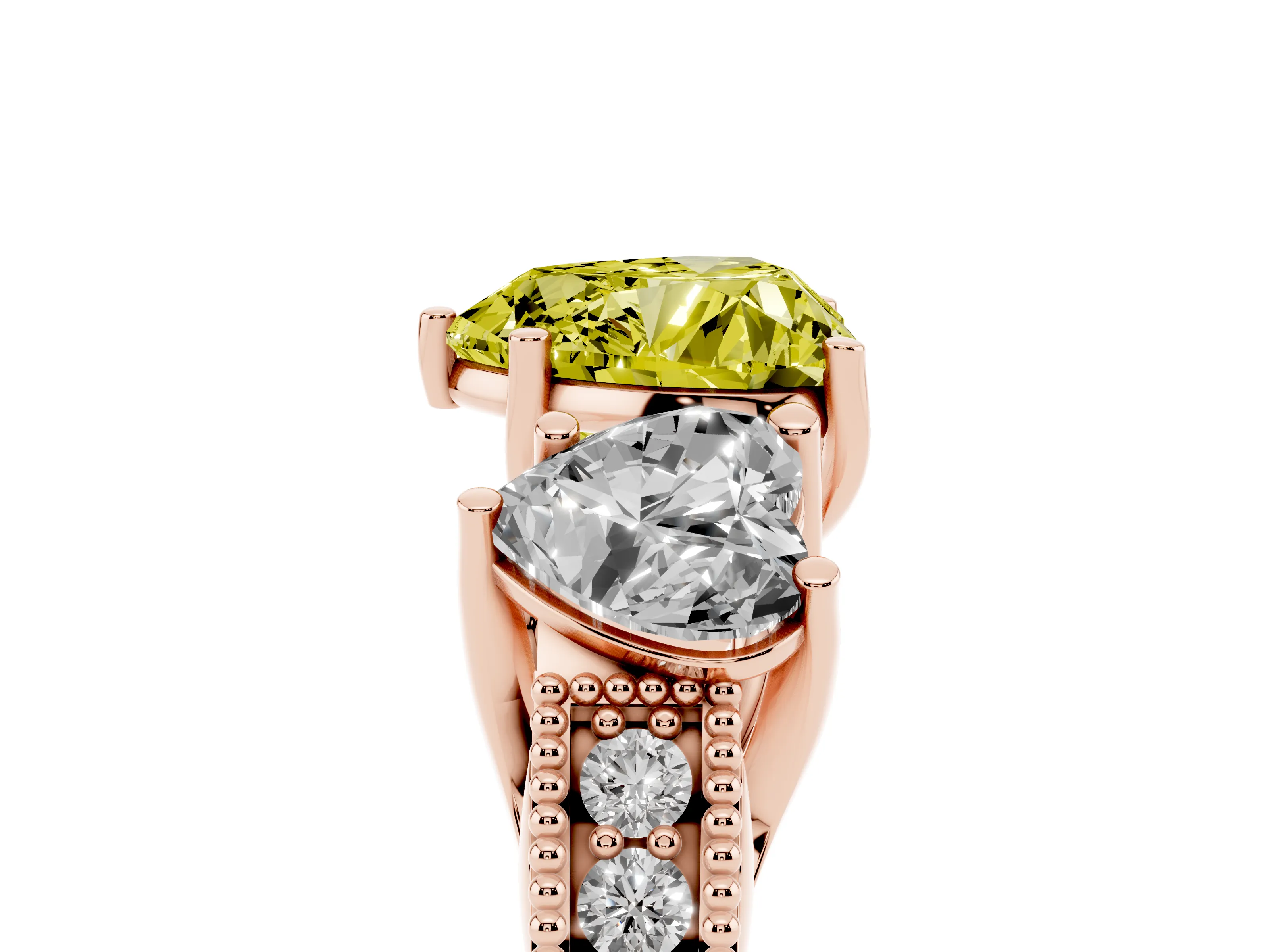 Fancy Yellow Heart Cut Diamond Three-Stone Engagement Ring Set in Rose gold with Milgrain Pavé Band
