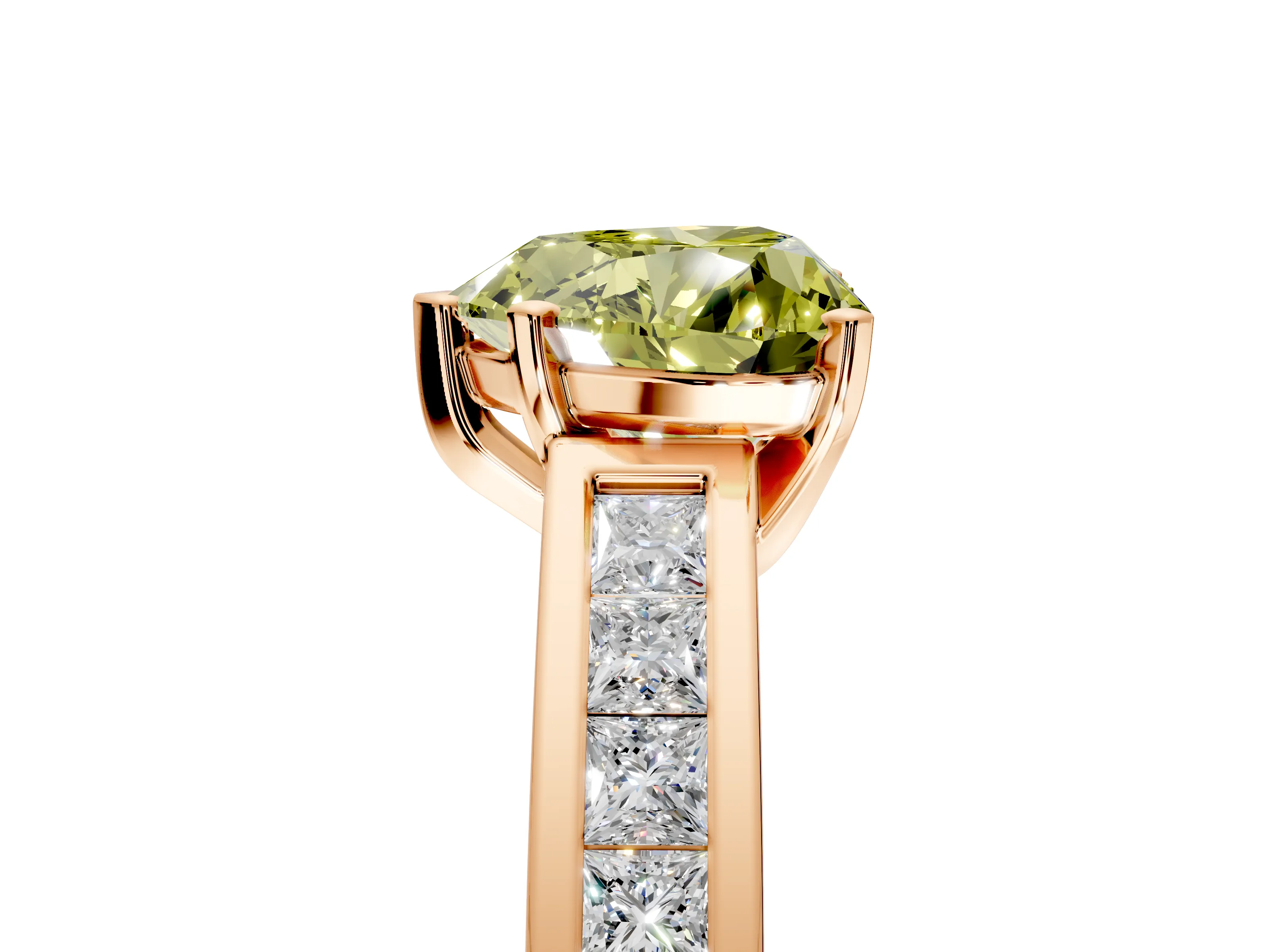 Solitaire Engagement Ring Setting for Fancy Yellow Heart-Shaped Center with Princess Cut Channel Band and Prong Head in Rose Gold