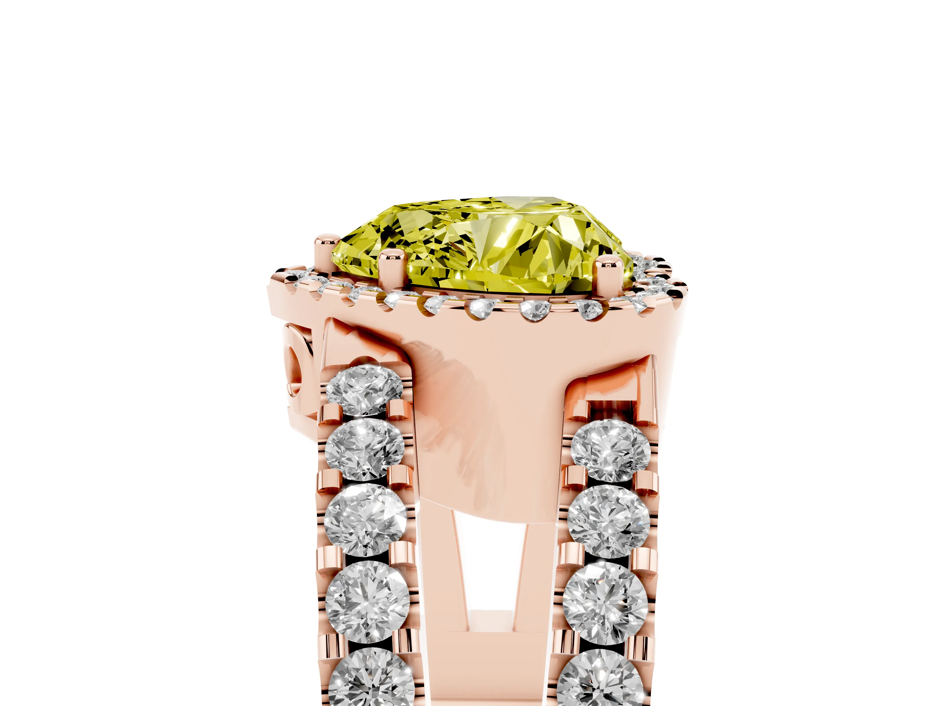 Fancy Yellow Heart Cut Diamond Halo Ring Set in Rose gold with Pavé Split Shank and Prong Setting