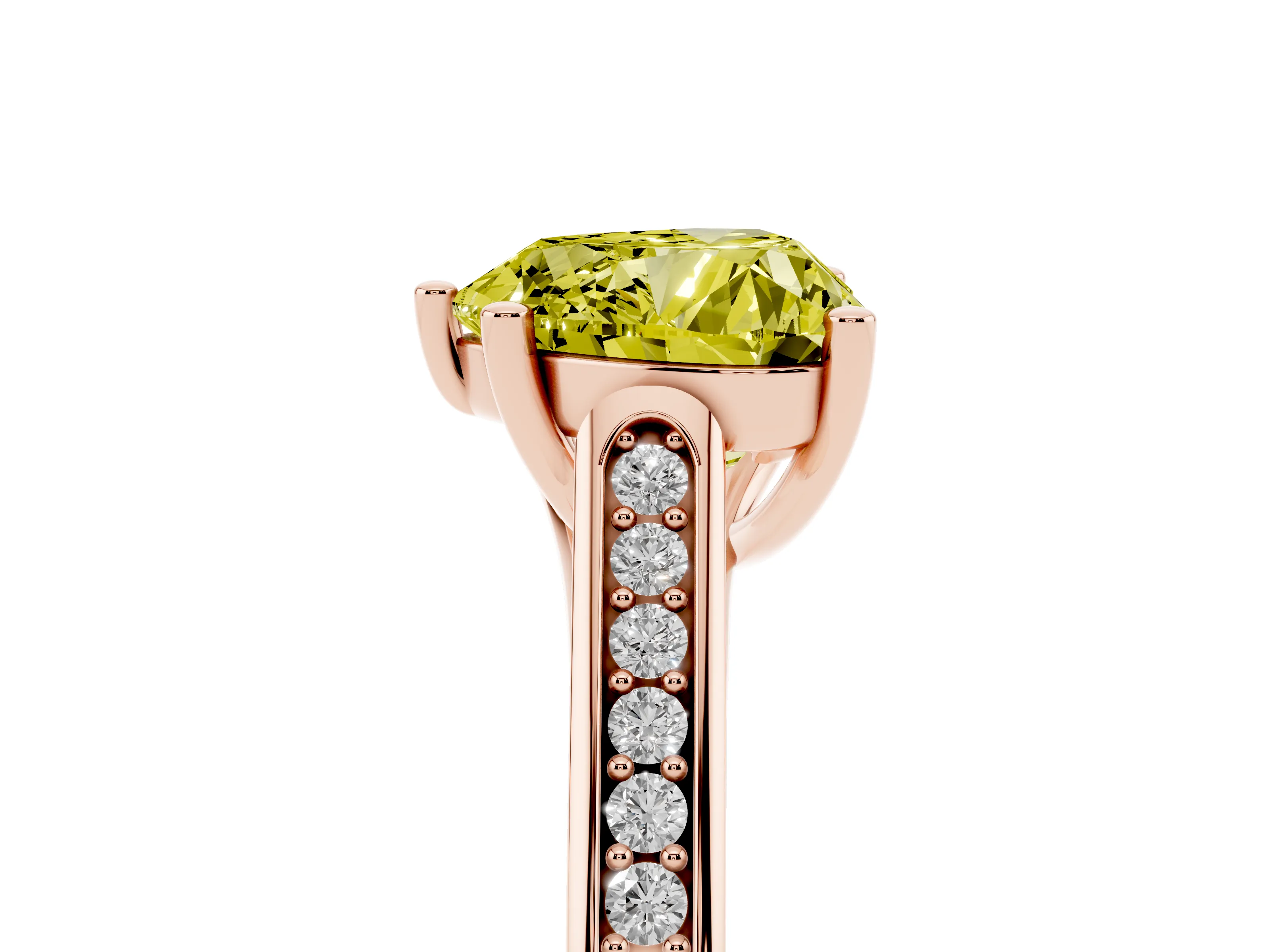 Fancy Yellow Heart Cut Diamond Solitaire Cathedral Engagement Ring Set in Rose gold with Channel-Set Band and Prong Setting