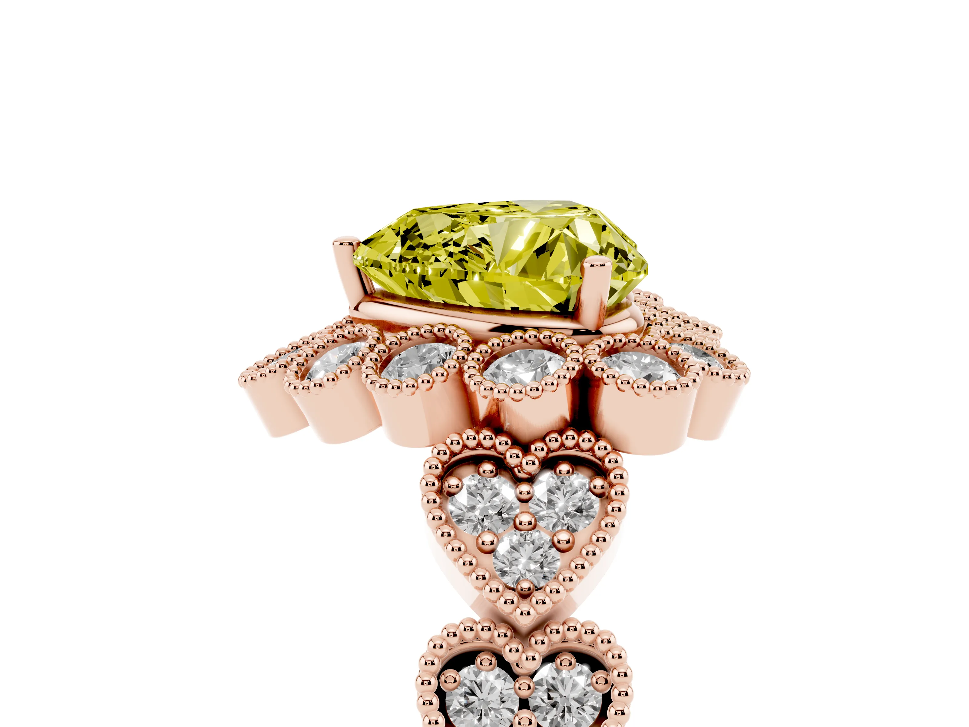 Fancy Yellow Heart Cut Diamond Solitaire Ring Set in Rose gold with Milgrain Pavé Heart Band