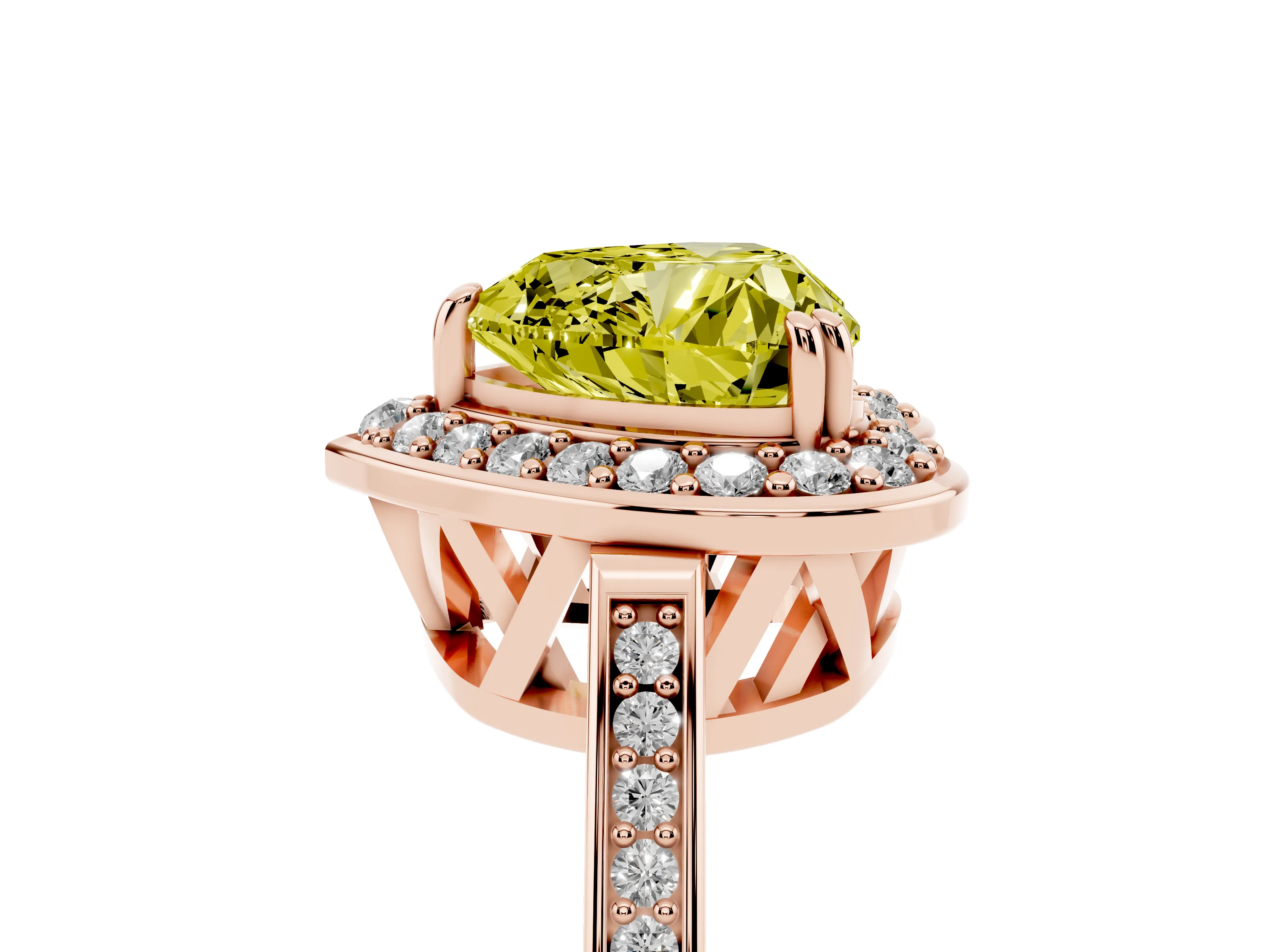 Fancy Yellow Heart Cut Diamond Halo Ring Set in Rose gold with Accent-Lined Split Shank and Prong Setting