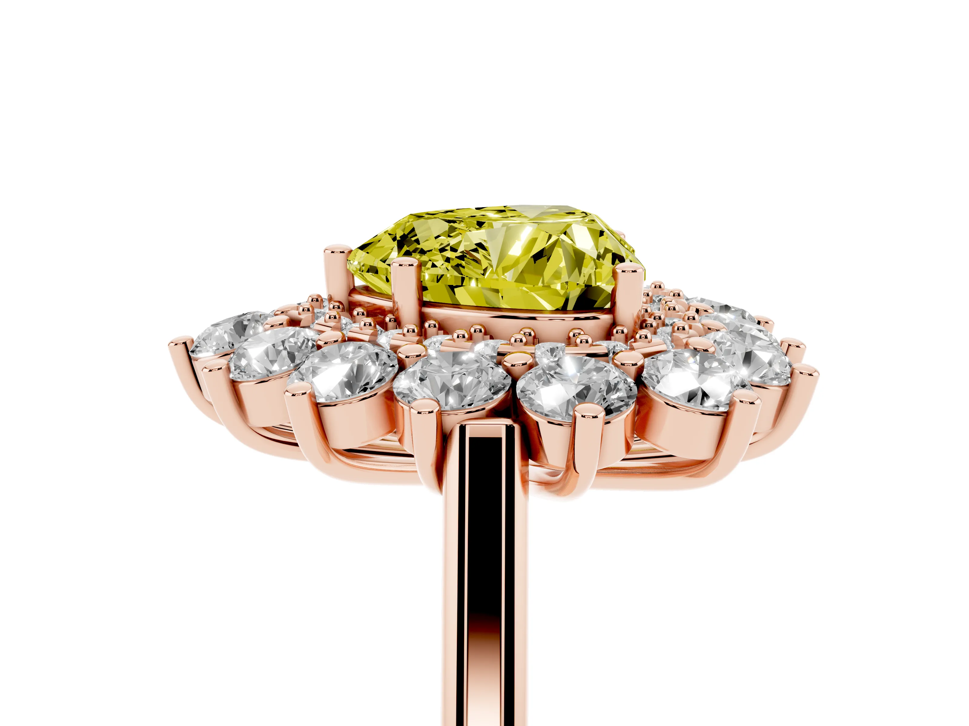 Fancy Yellow Heart Cut Diamond Floral Double Halo Ring Set in Rose gold with Round Petals