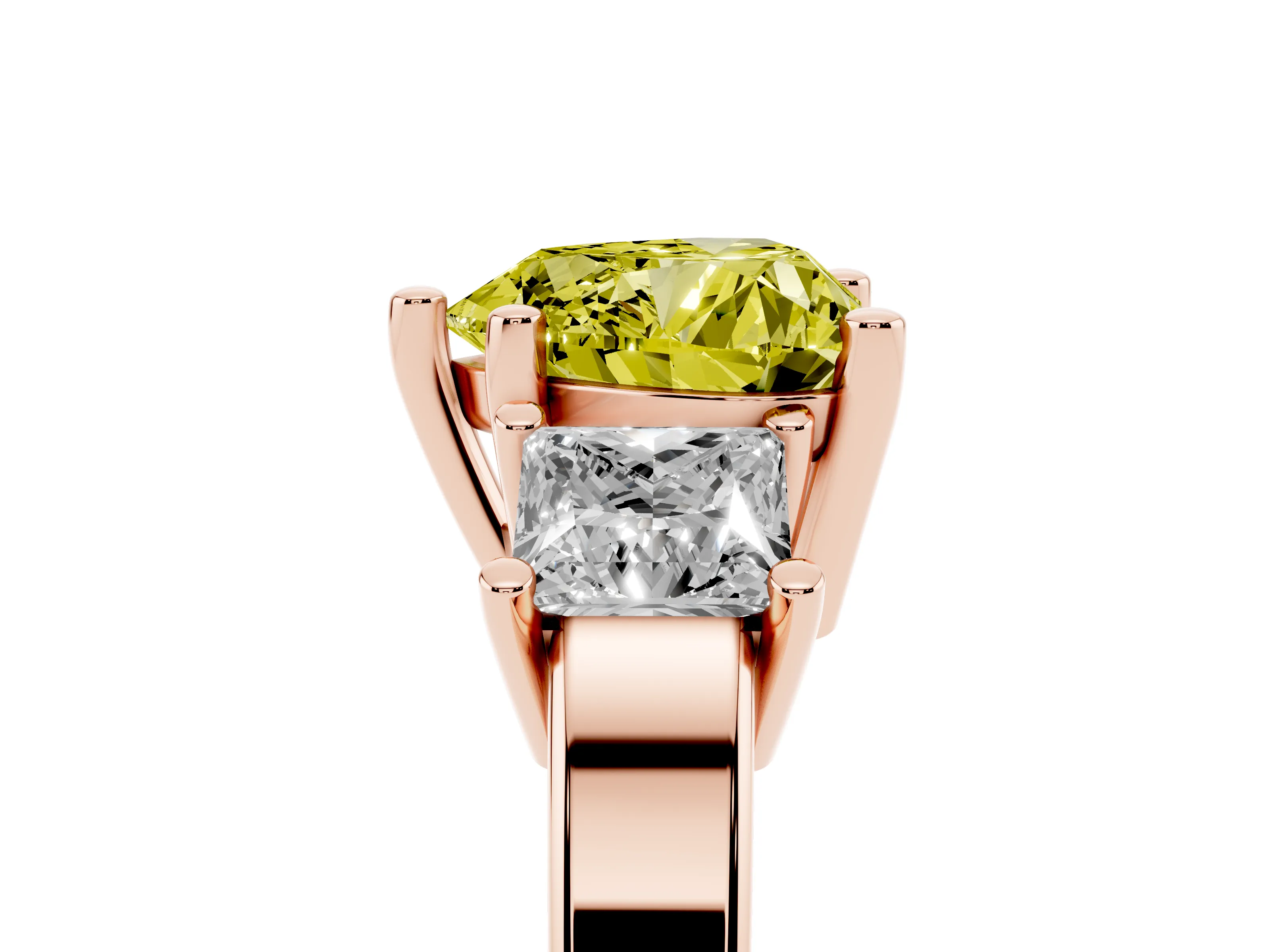 Fancy Yellow Three-Stone Heart Cut Diamond Solitaire Ring Set in Rose gold with Prong Setting