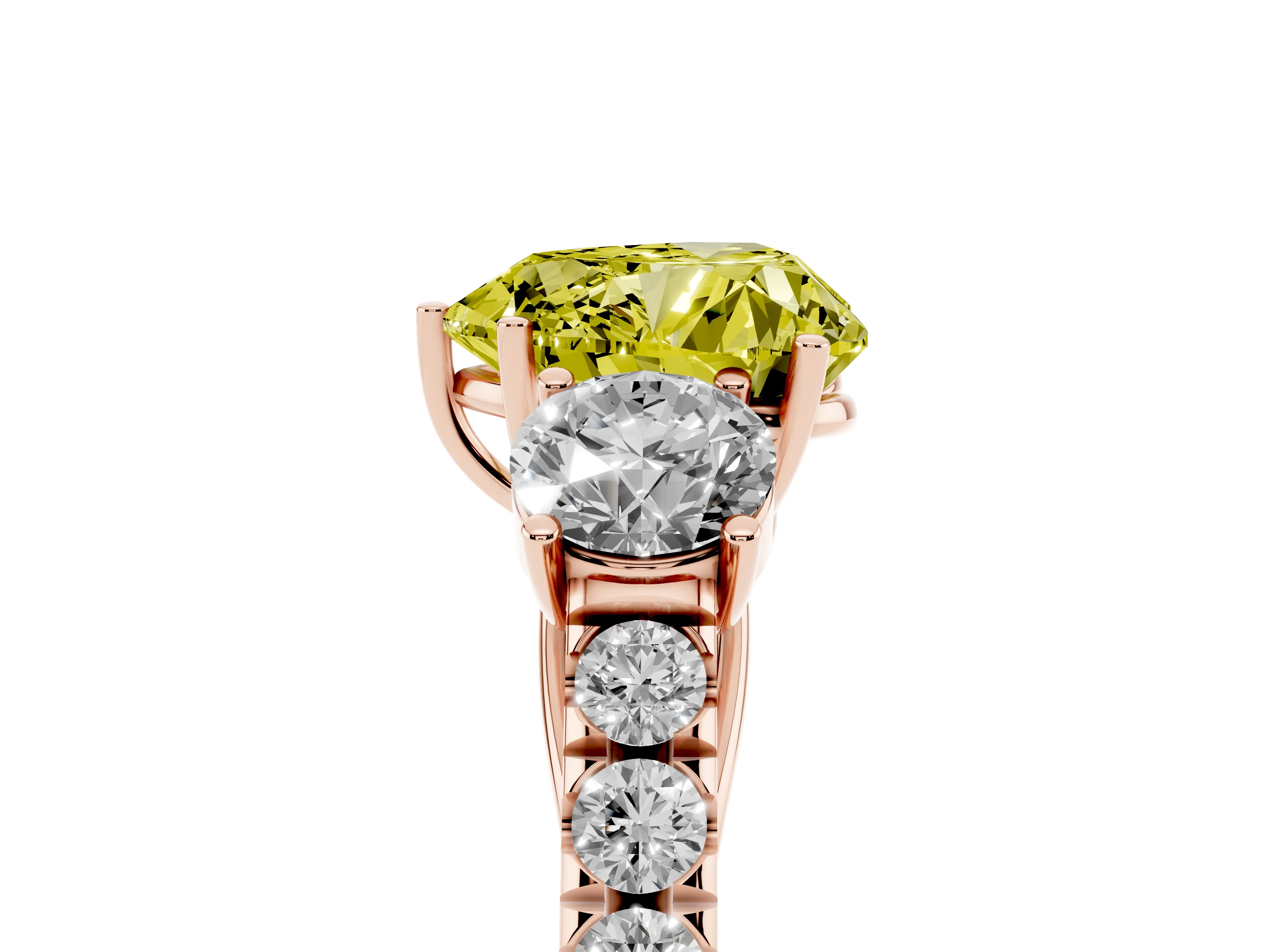 Fancy Yellow Heart Cut Diamond Three-Stone Ring Set in Rose gold with Round Side Stones and Delicate Pavé Band