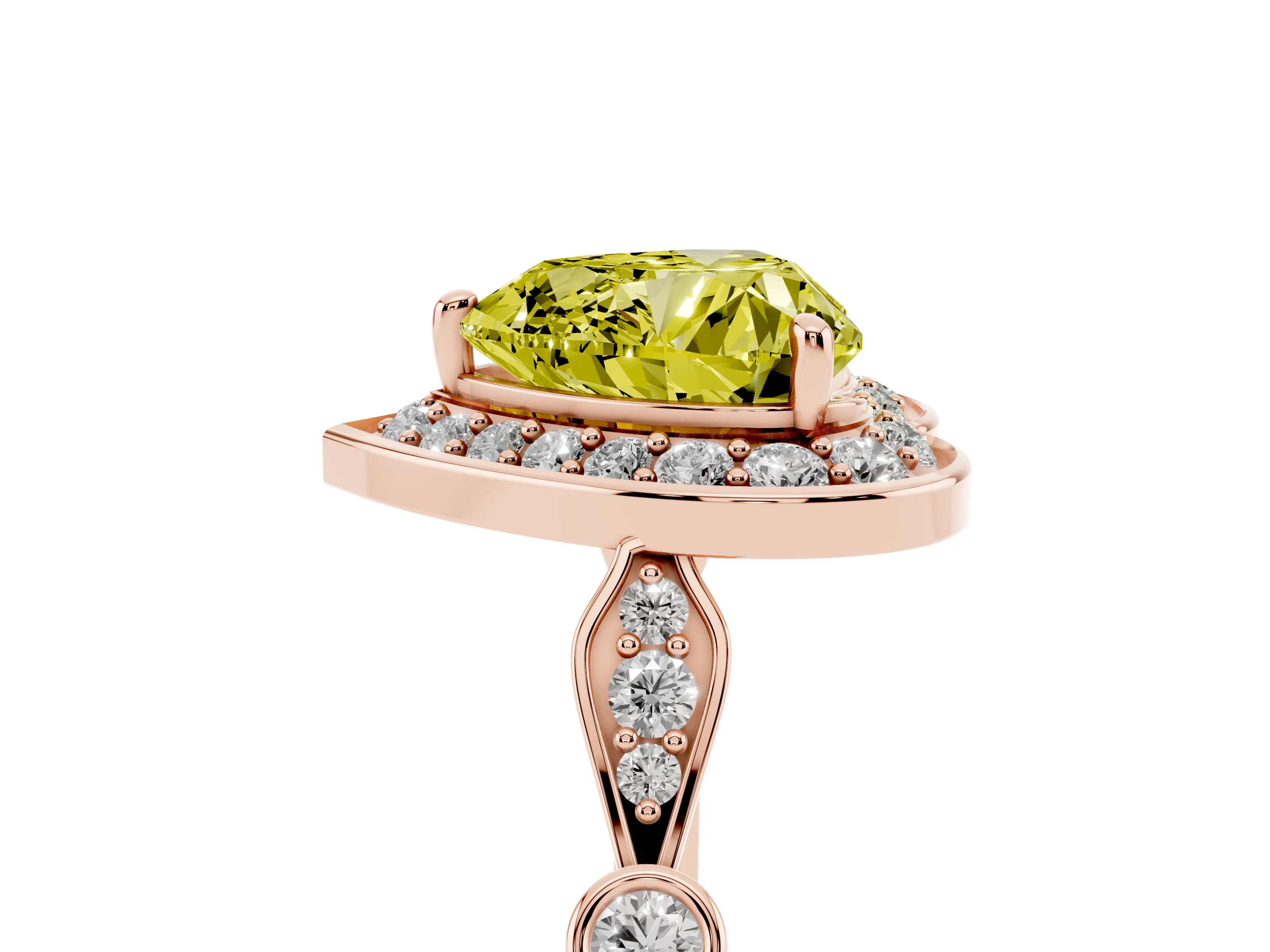 Fancy Yellow Heart Cut Diamond Halo Engagement Ring Set in Rose gold with Twisted Band and Prong Setting