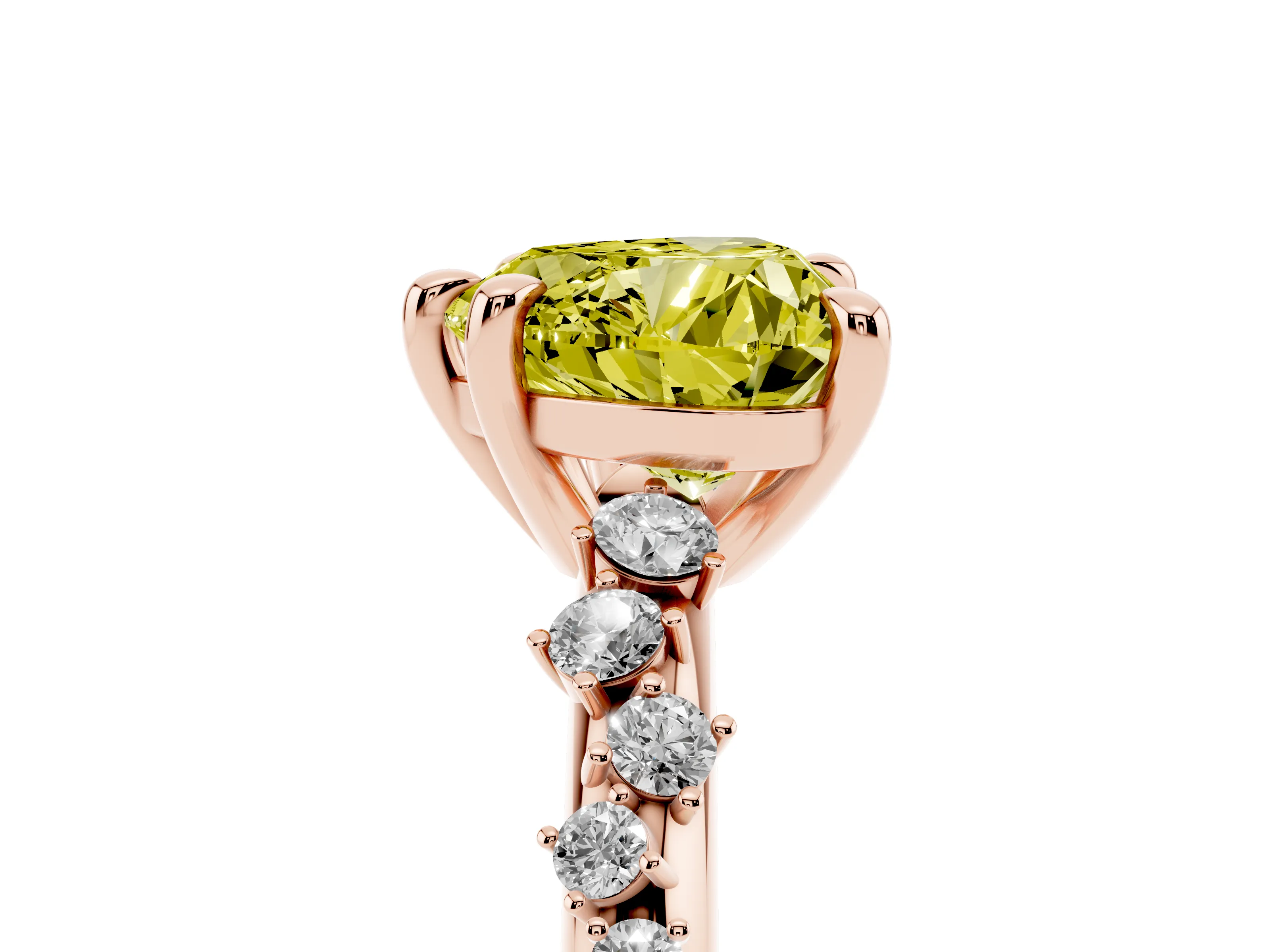 Fancy Yellow Heart Cut Diamond Solitaire Vine Band Ring Set in Rose gold with Round Accents and Prong Setting