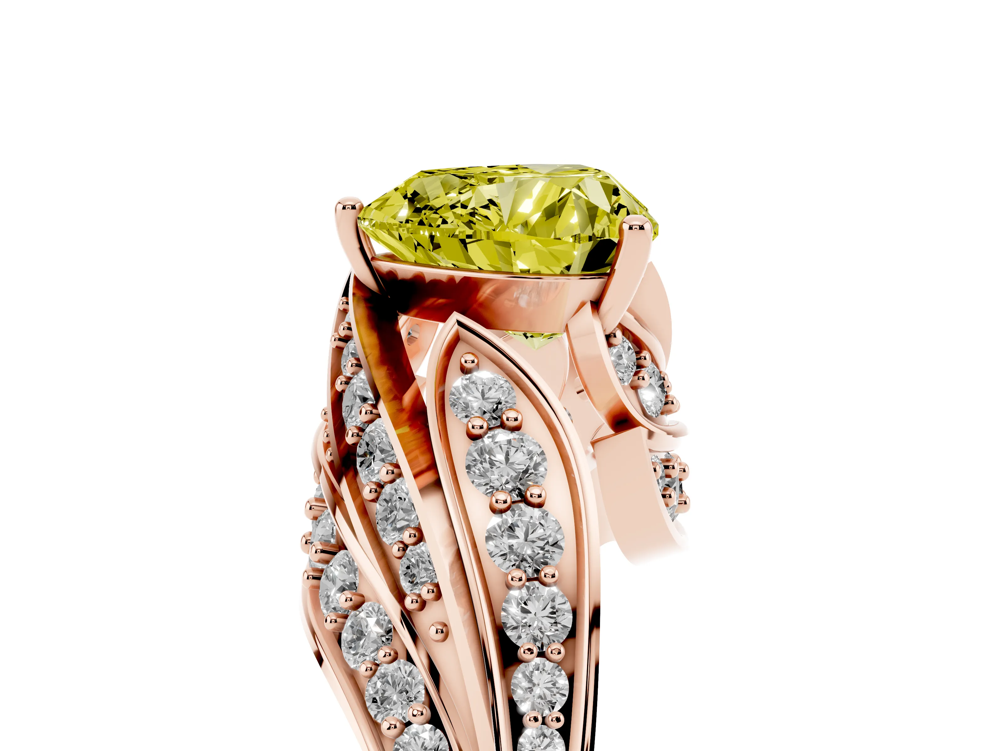 Fancy Yellow Heart Cut Diamond Solitaire Ring Set in Rose gold with Layered Twist Pavé Band