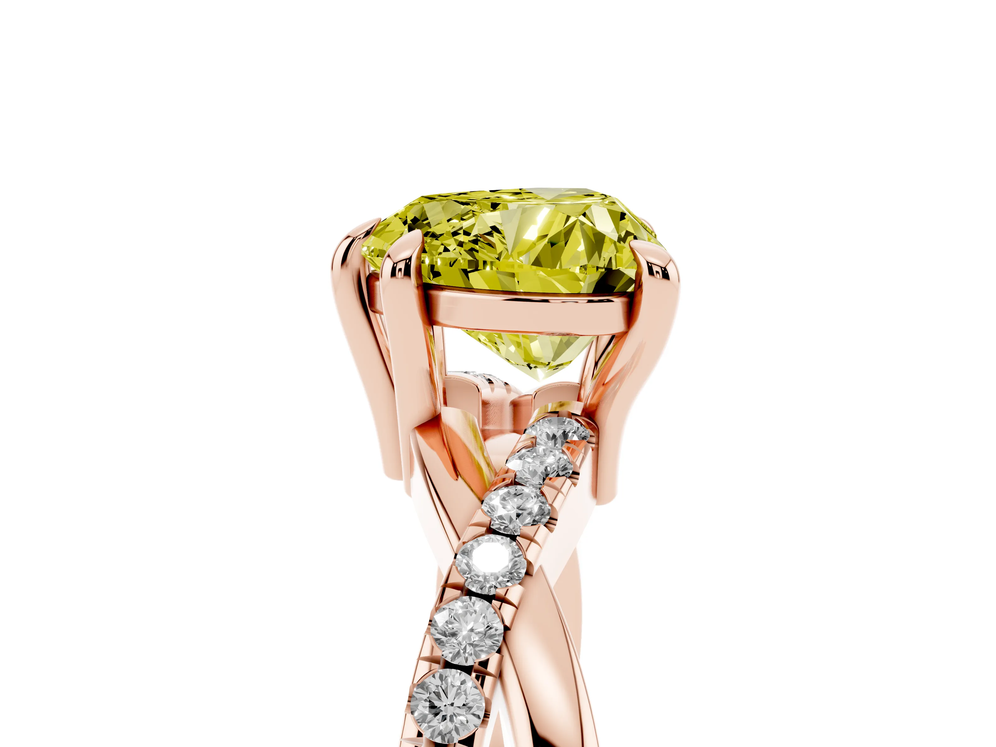 Fancy Yellow Heart Cut Diamond Twist Band Solitaire Set in Rose gold with Pavé Accents and Prong Setting