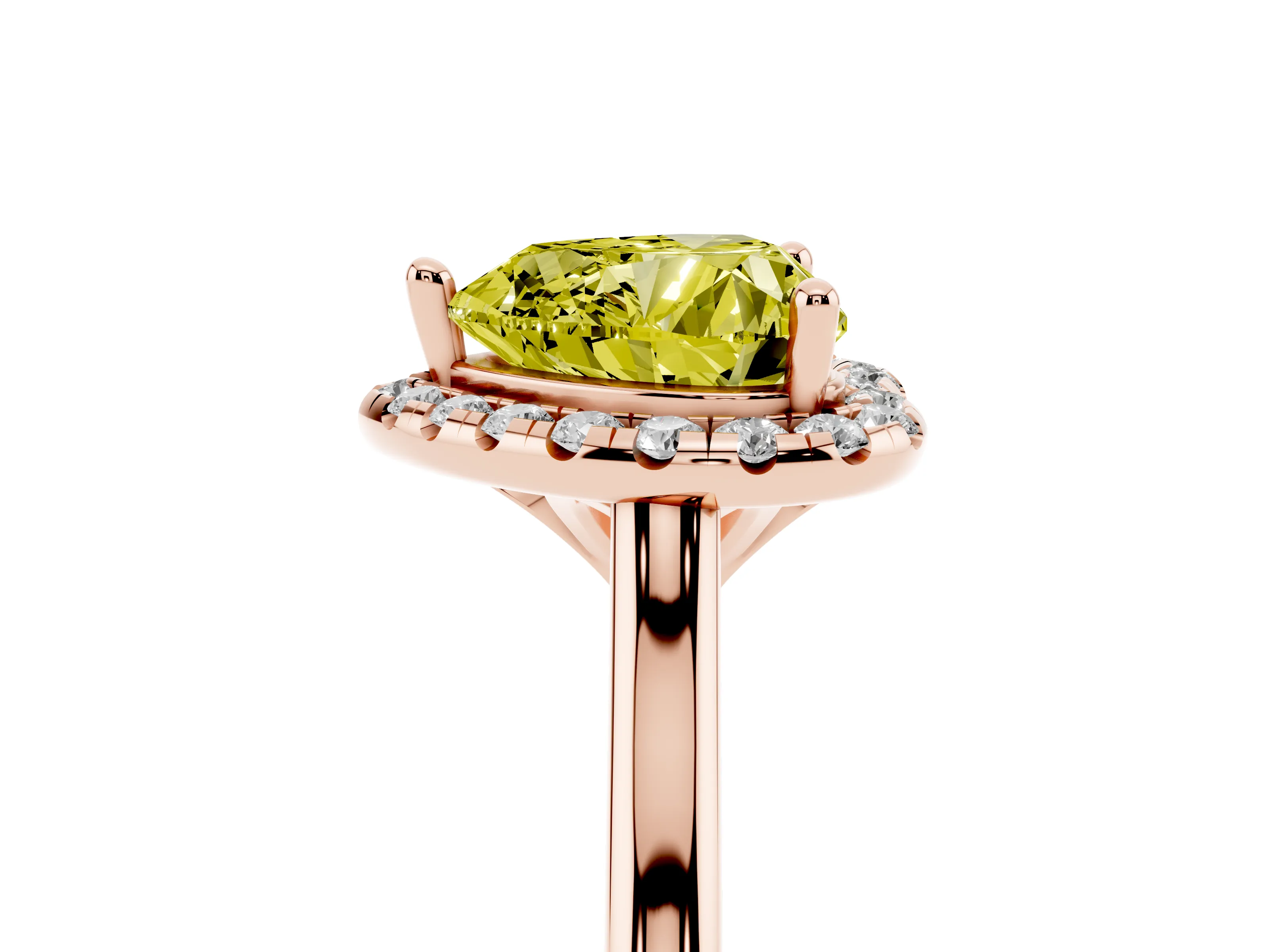 Fancy Yellow Heart Cut Diamond Halo Engagement Ring Set in Rose gold with Pavé Band and Rising Shoulders