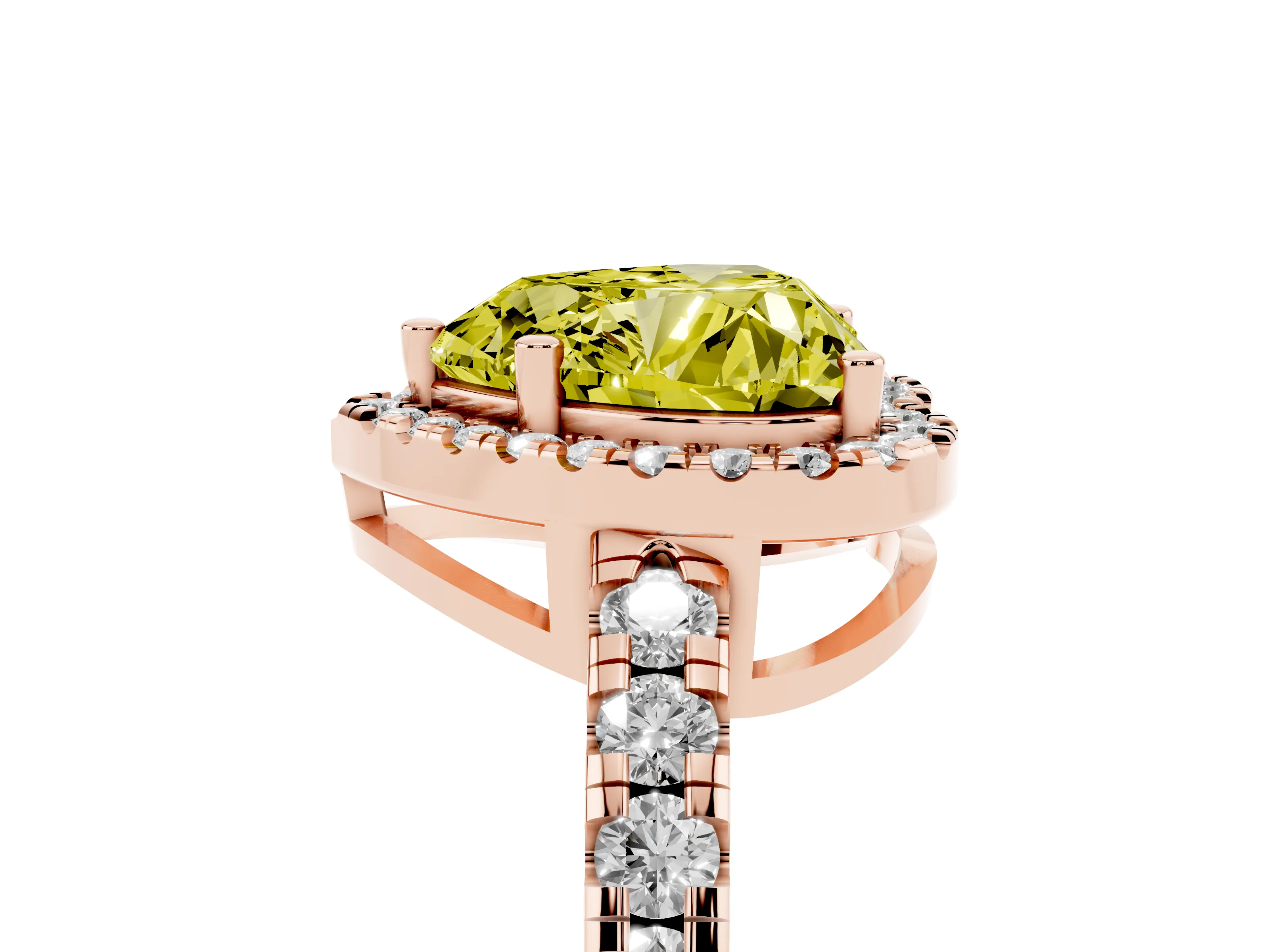 Fancy Yellow Heart Cut Diamond Halo Ring Set in Rose gold with Delicate Pavé Band and Prong Setting