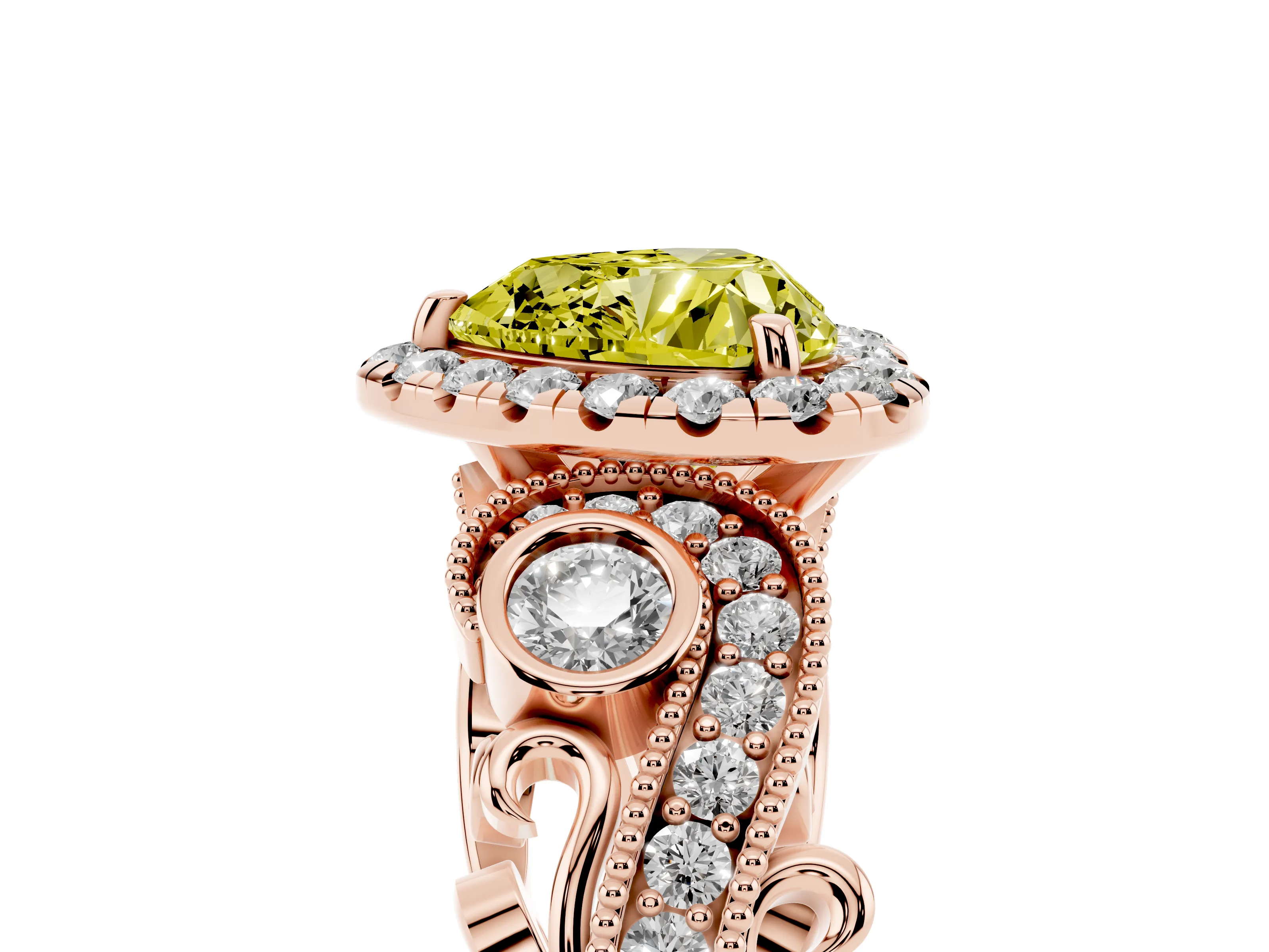 Fancy Yellow Heart Cut Diamond Halo Ring Set in Rose gold with Milgrain Pavé Band and Prong Setting