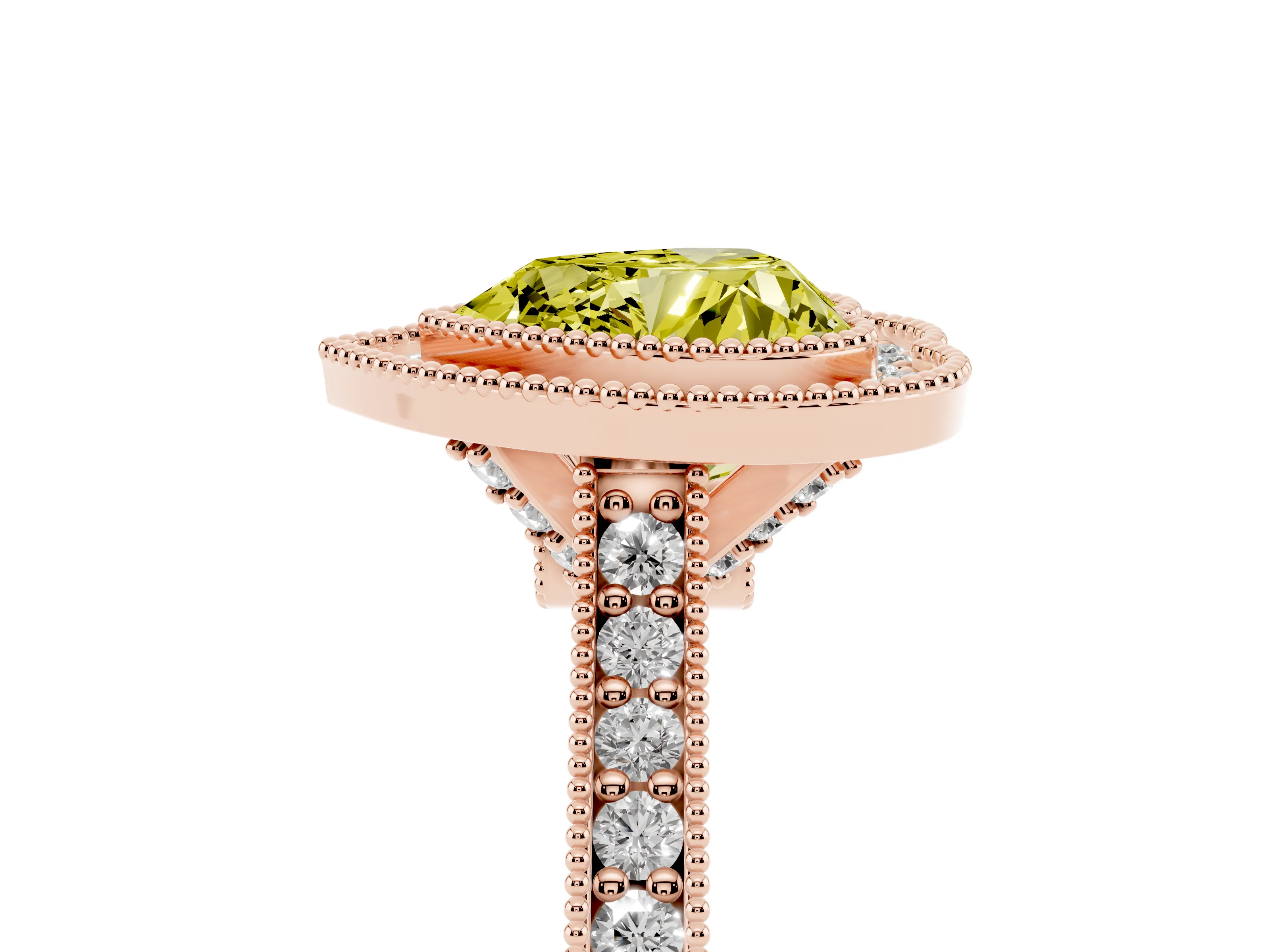 Fancy Yellow Heart Cut Diamond Halo Milgrain Pavé Band Ring Set in Rose gold with Prong Setting