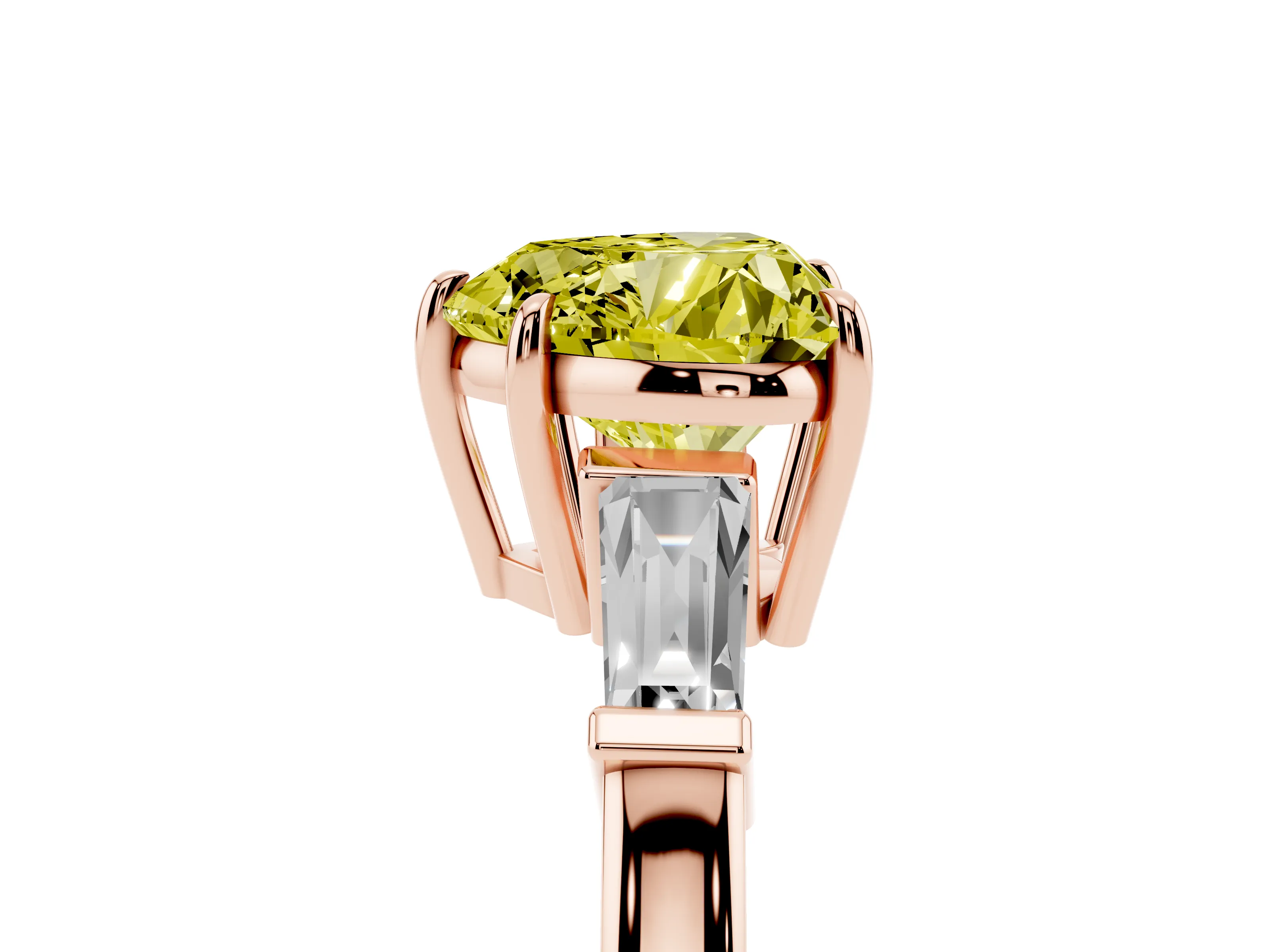 Fancy Yellow Heart Cut Diamond Three-Stone Ring Set in Rose gold with Tapered Baguette Side Stones and Prong Setting