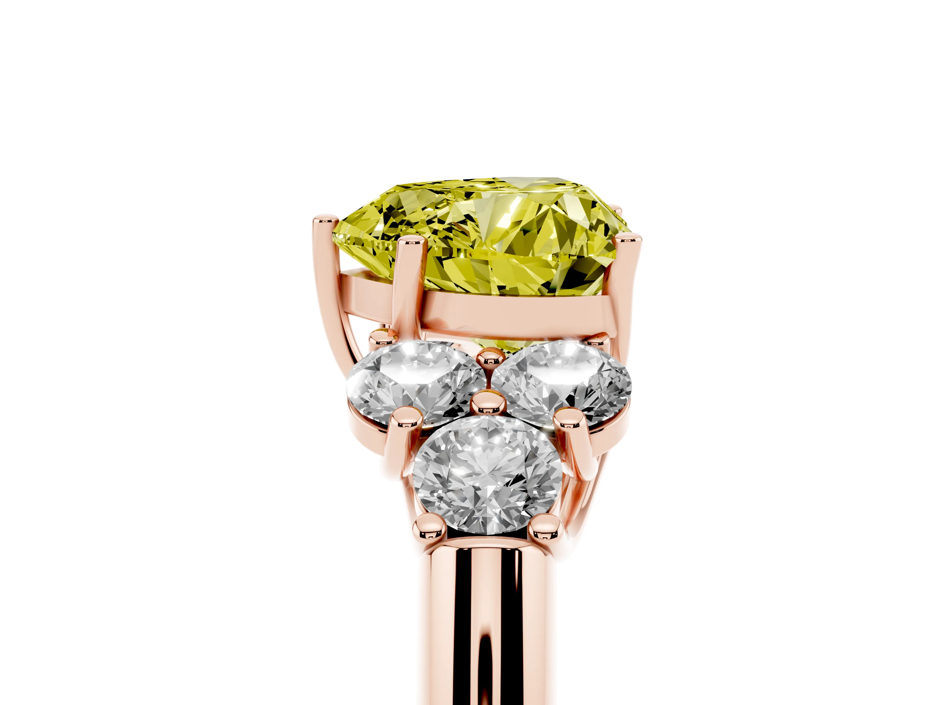 Fancy Yellow Heart Cut Diamond Cluster Ring Set in Rose gold with Round Accent Stones and Prong Setting on a Plain Band