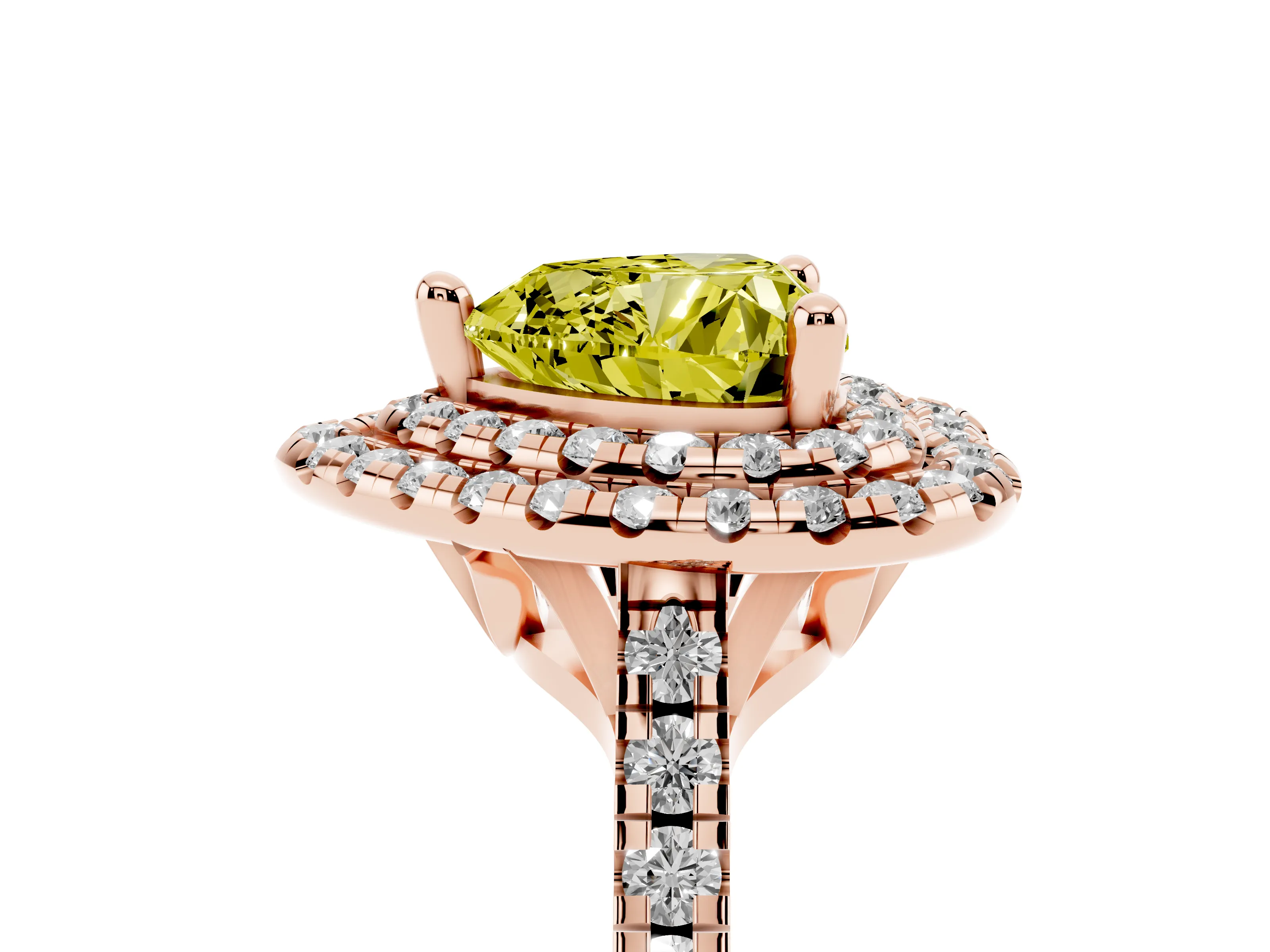 Fancy Yellow Heart Cut Diamond Double Halo Statement Ring Set in Rose gold with Pavé Band