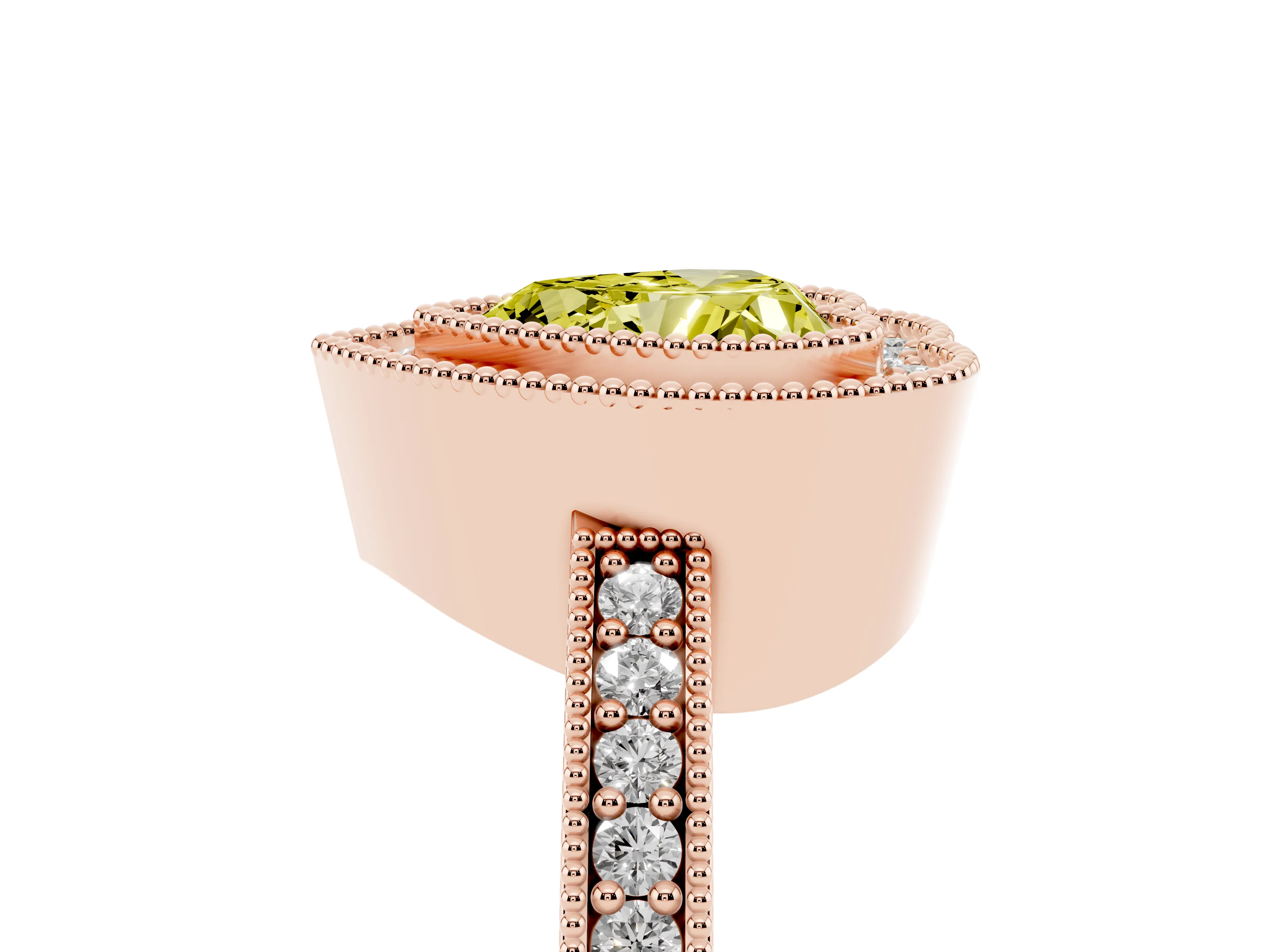 Fancy Yellow Heart Cut Diamond Halo Engagement Ring Set in Rose gold with Pavé Band and Round Halo Stones
