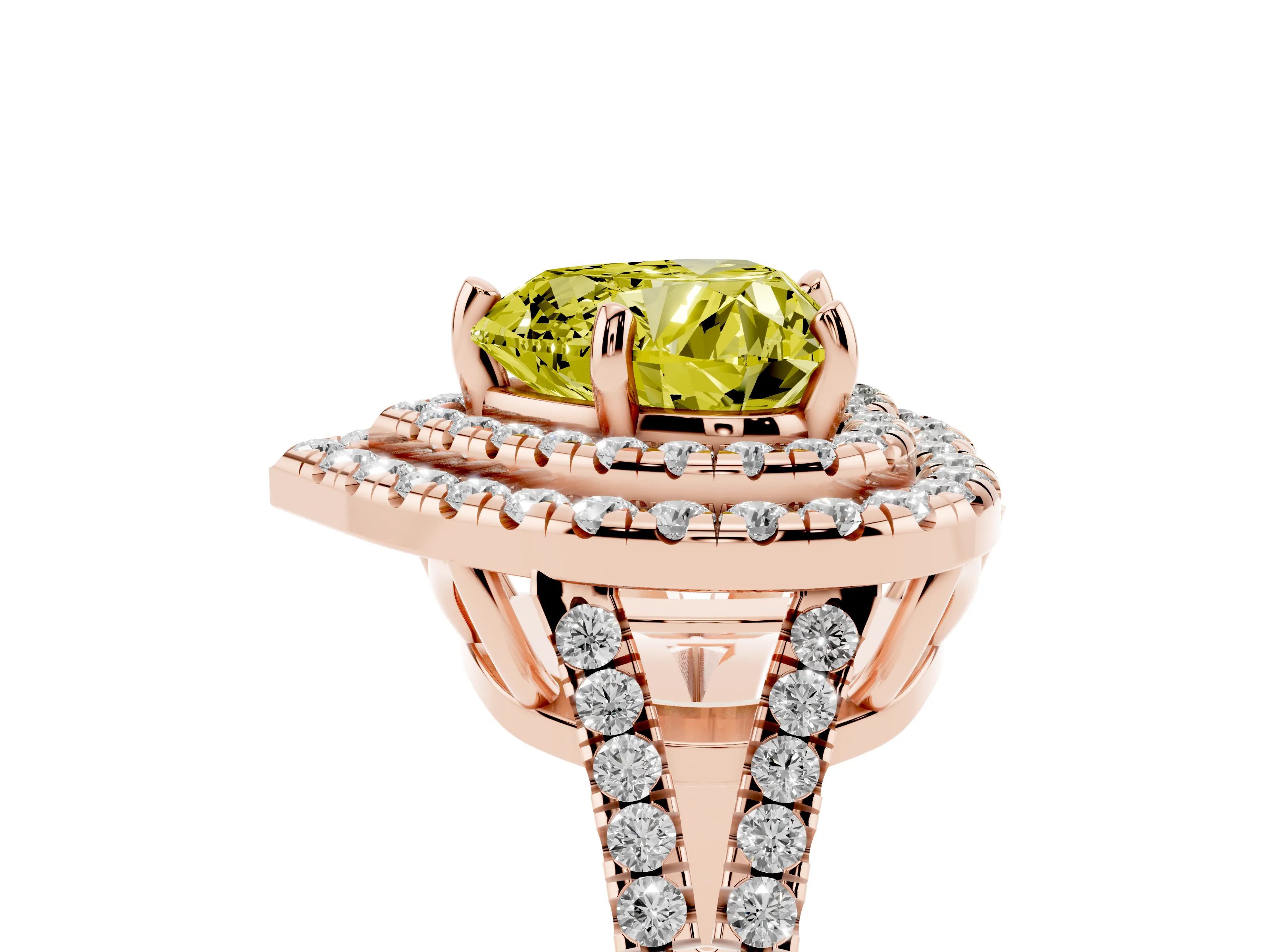 Fancy Yellow Heart Cut Diamond Double Halo Ring Set in Rose gold with Pavé Band